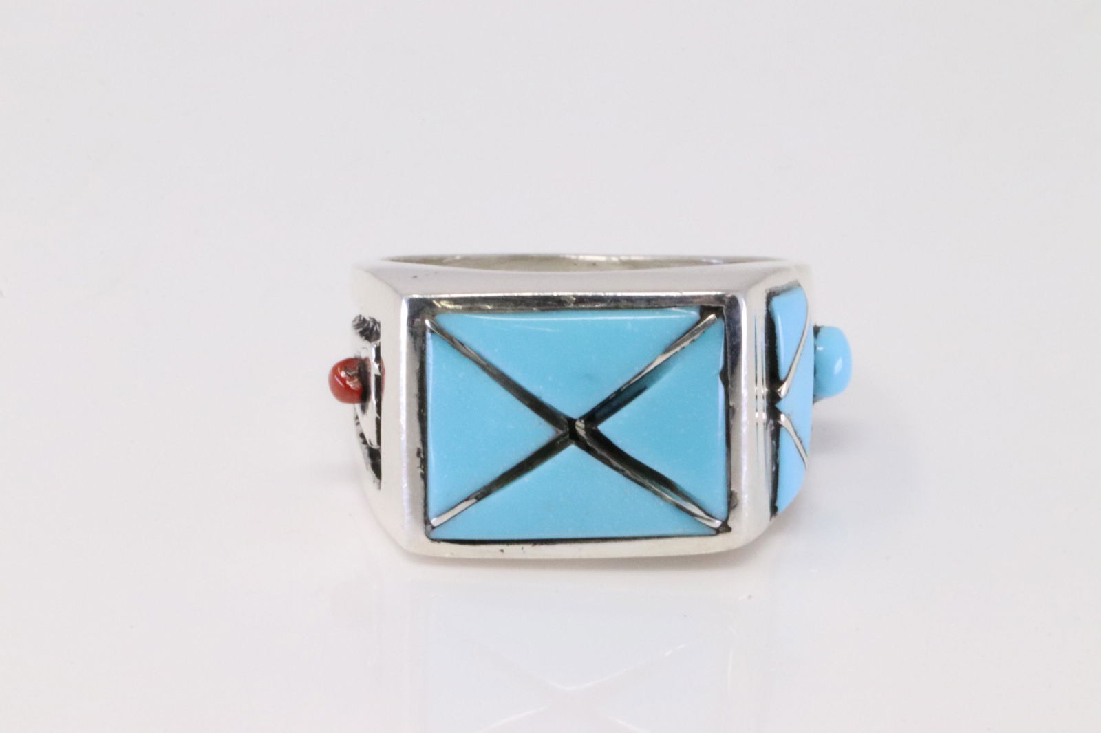 Native America Zuni Handmade Sterling Silver Coral / Turquoise Inlay Ring By Claudine Haloo. (1 of 4)