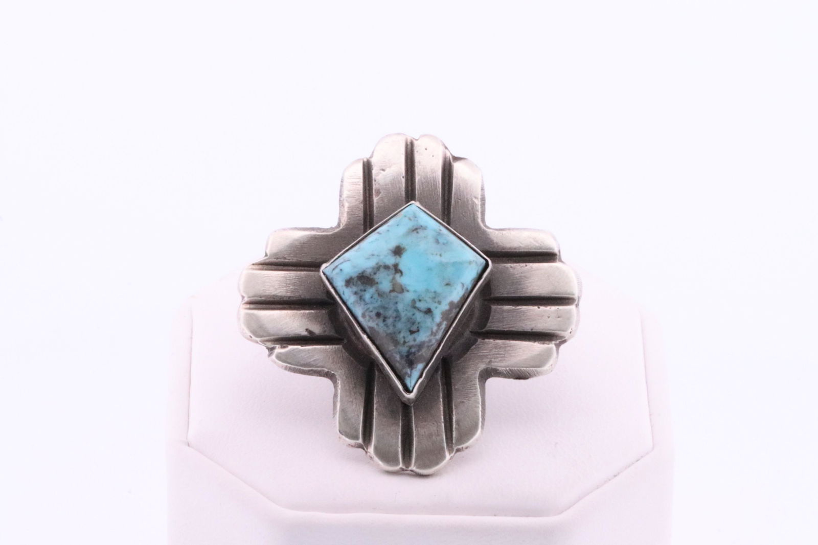 Native America Navajo Handmade Sterling Silver Turquoise Cross Ring By Chimney Butte. (1 of 4)