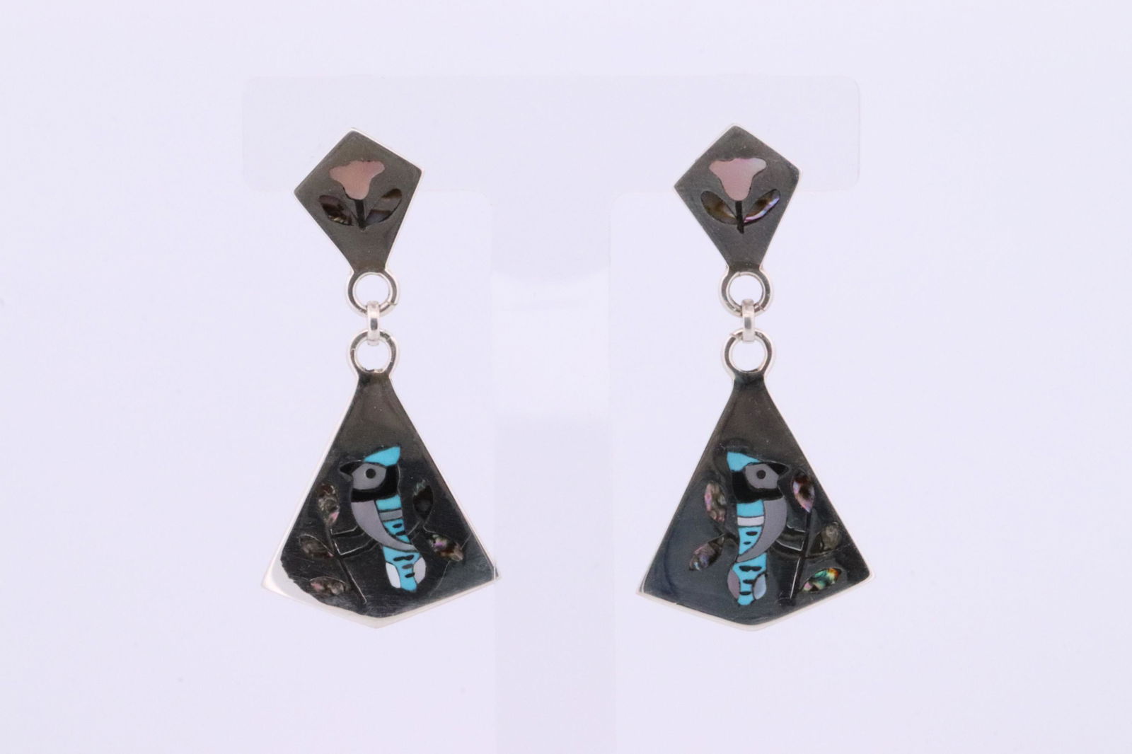 Native America Zuni Handmade Sterling Silver Multi-Color Inlay Bird Post Dangling Earring's By (1 of 4)