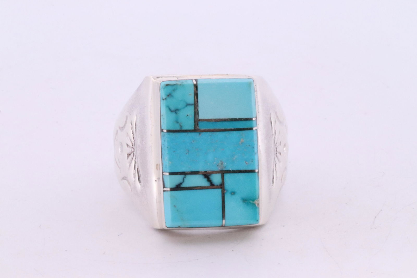 Native America Zuni Handmade Sterling Silver Turquoise Inlay Ring By P.L.L. (1 of 4)