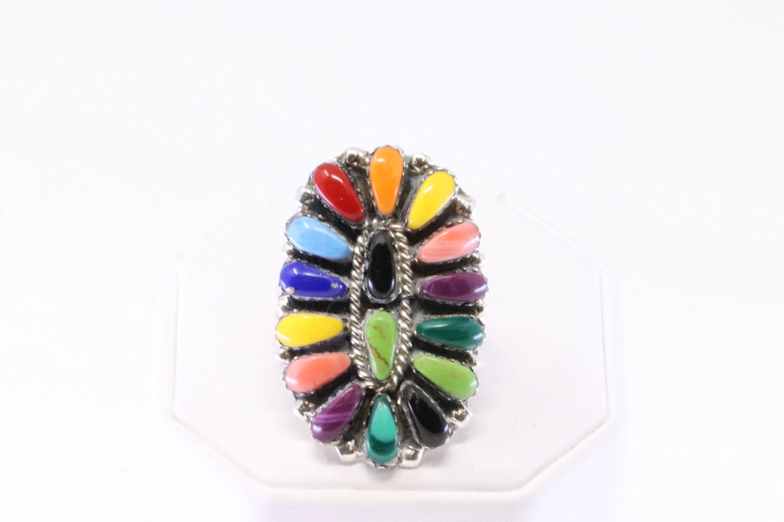 Native America Navajo Handmade Sterling Silver Synthetic Multi-Color Stone Ring By J.W. (1 of 4)