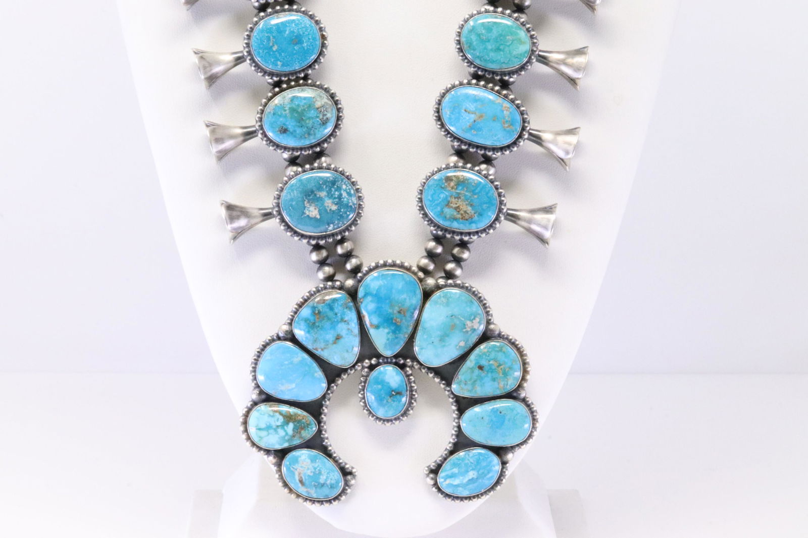 Native America Navajo Handmade Sterling Silver Turquoise Squash Blossom Necklace & Earring's Set By (1 of 9)