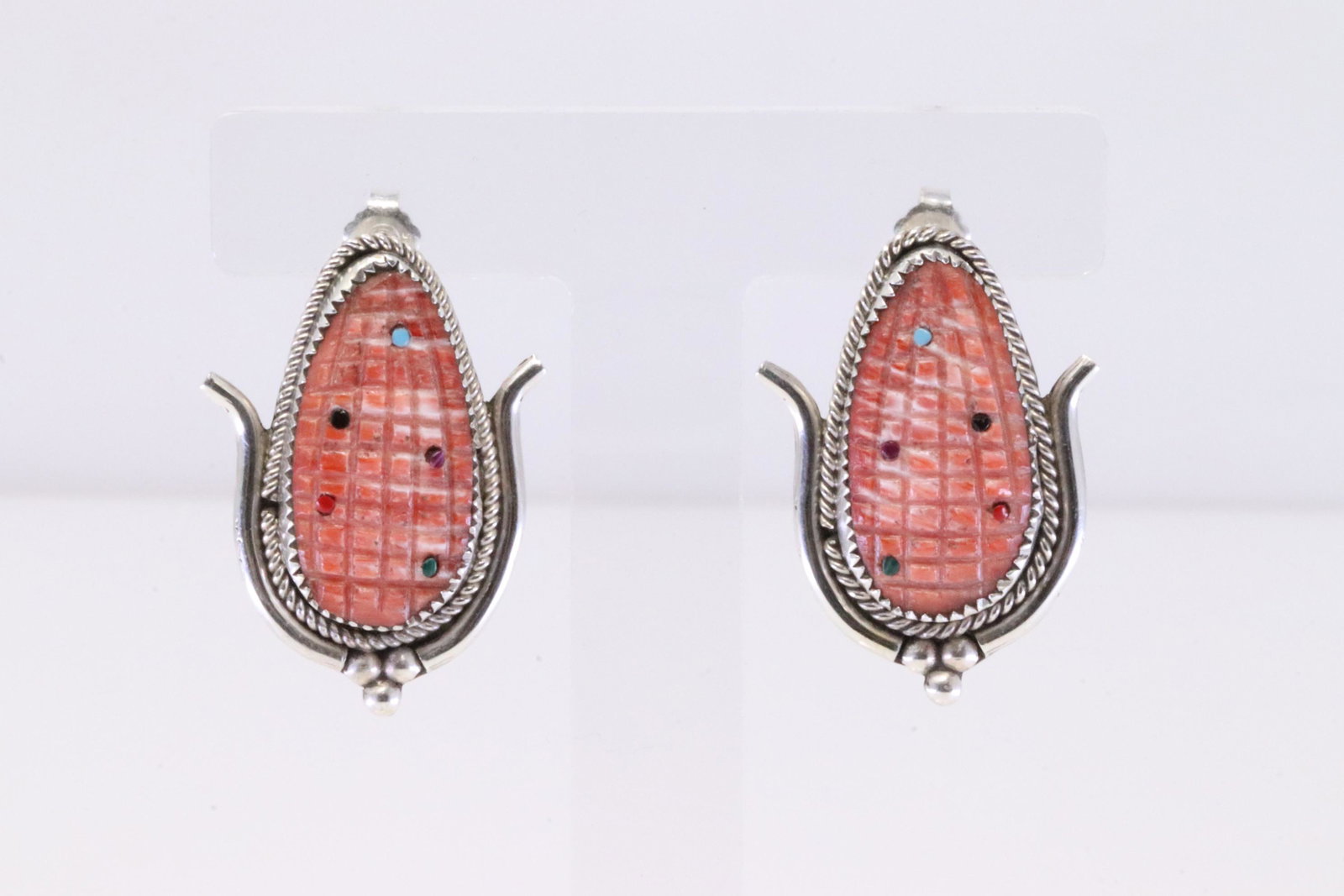 Native America Zuni Handmade Sterling Silver Spiny Corn Post Earring's By T.E.B.: This is a Native America Zuni Handmade Sterling Silver Spiny Corn Post Earring's By T.E.B.