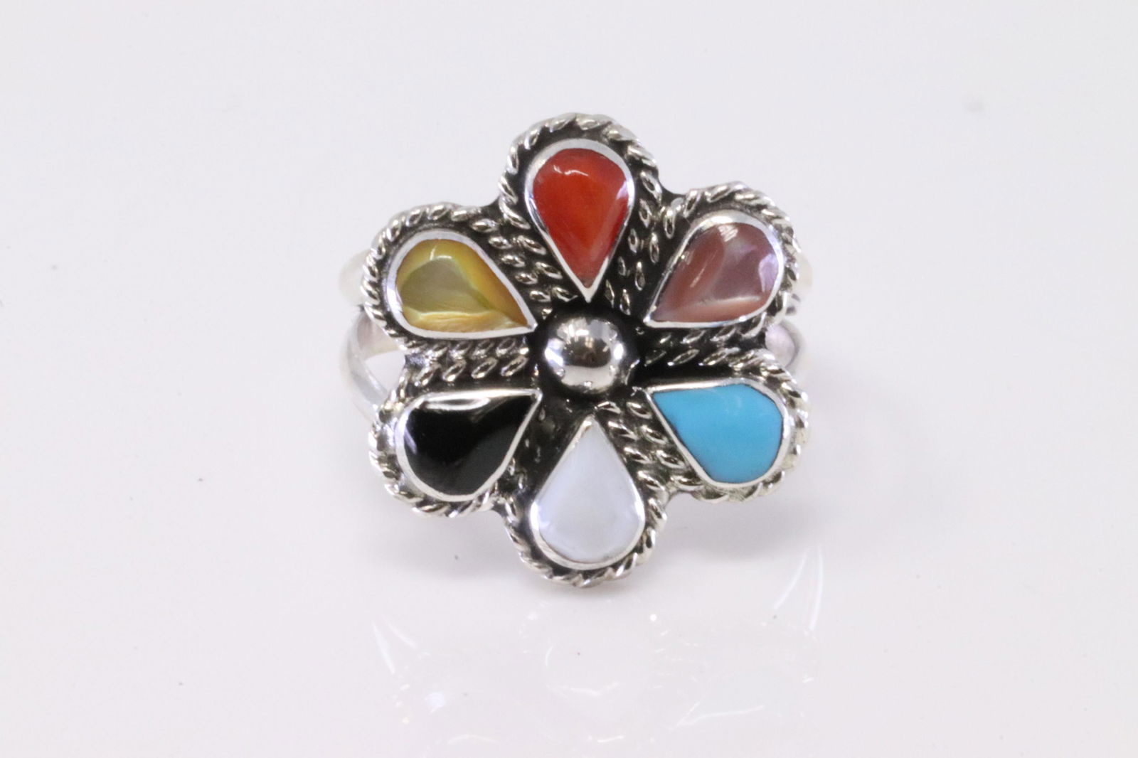 Native America Navajo Handmade Sterling Silver Multi-Color Stone Ring. (1 of 4)