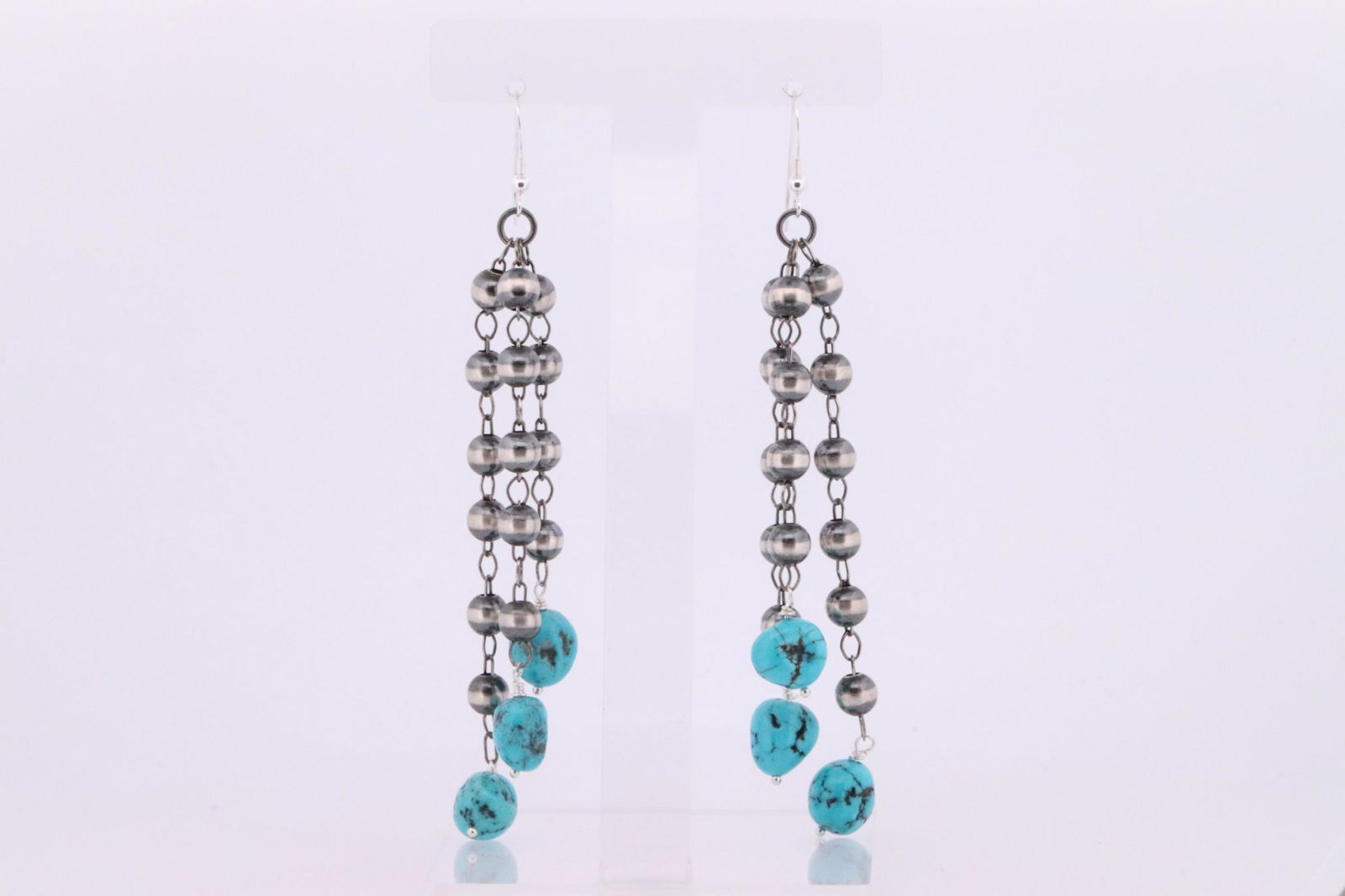 Native America Navajo Handmade Sterling Silver Turquoise / Pearl Beaded Dangling Earring's. (1 of 4)
