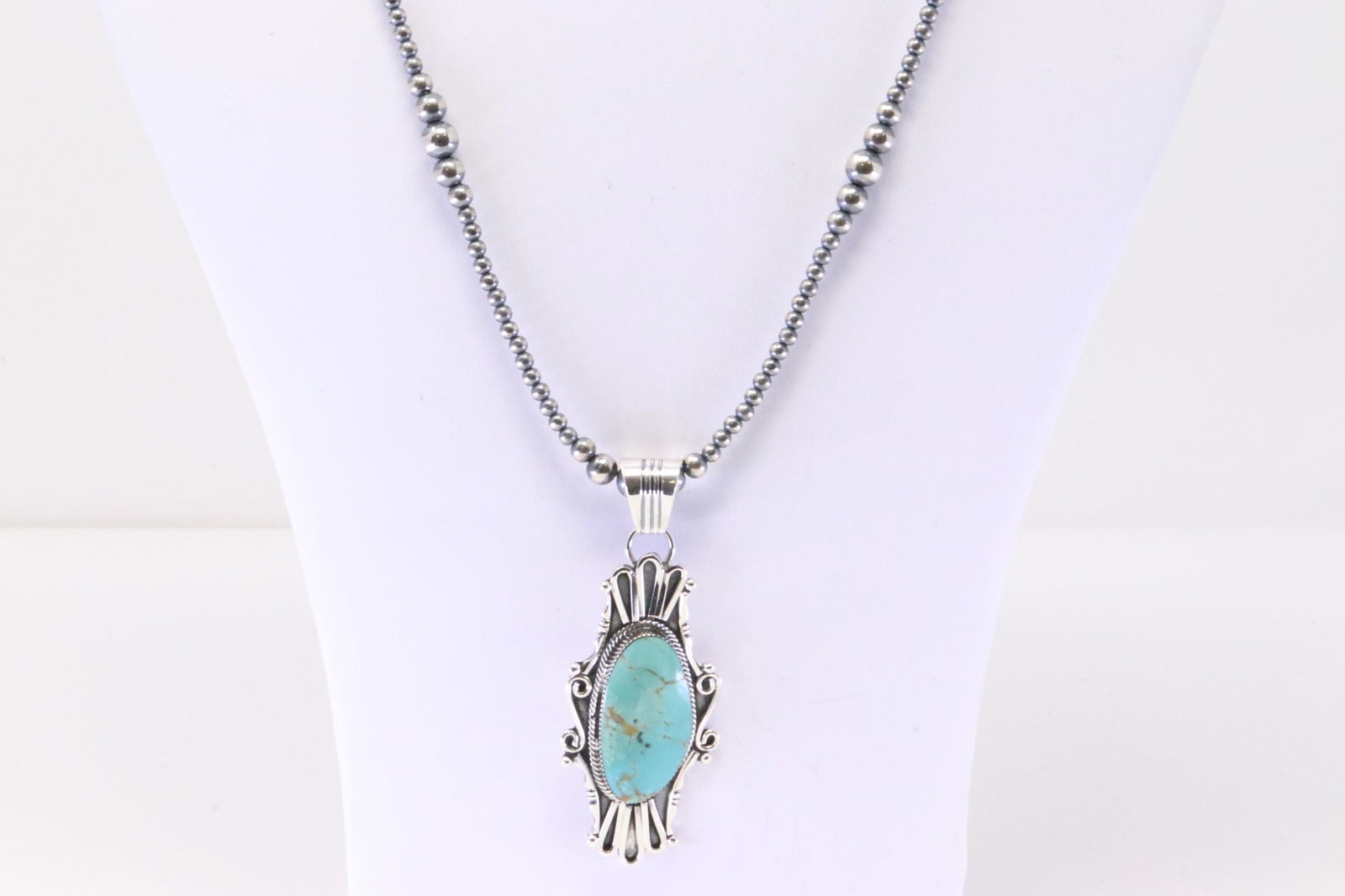 Native America Navajo Handmade Sterling Silver Turquoise Pendant & Beaded Necklace By Sheena Jack. (1 of 4)
