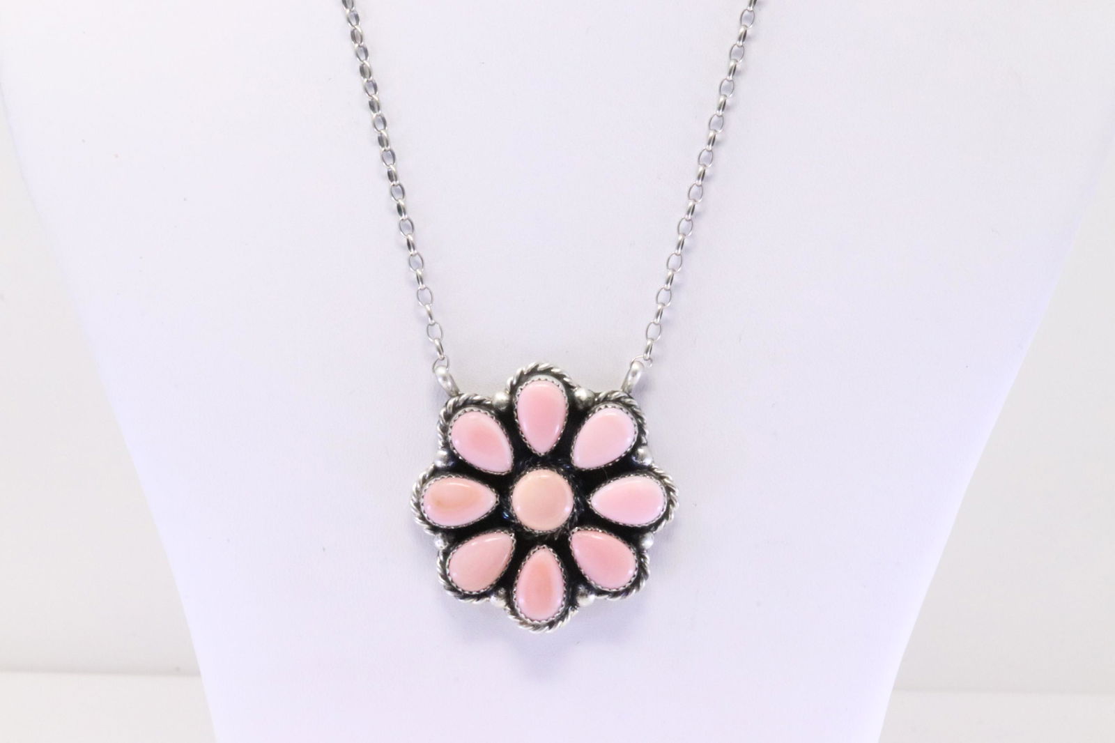 Native American Navajo Handmade Sterling Silver Pink Shell Concho Necklace By Augustine Largo. (1 of 4)