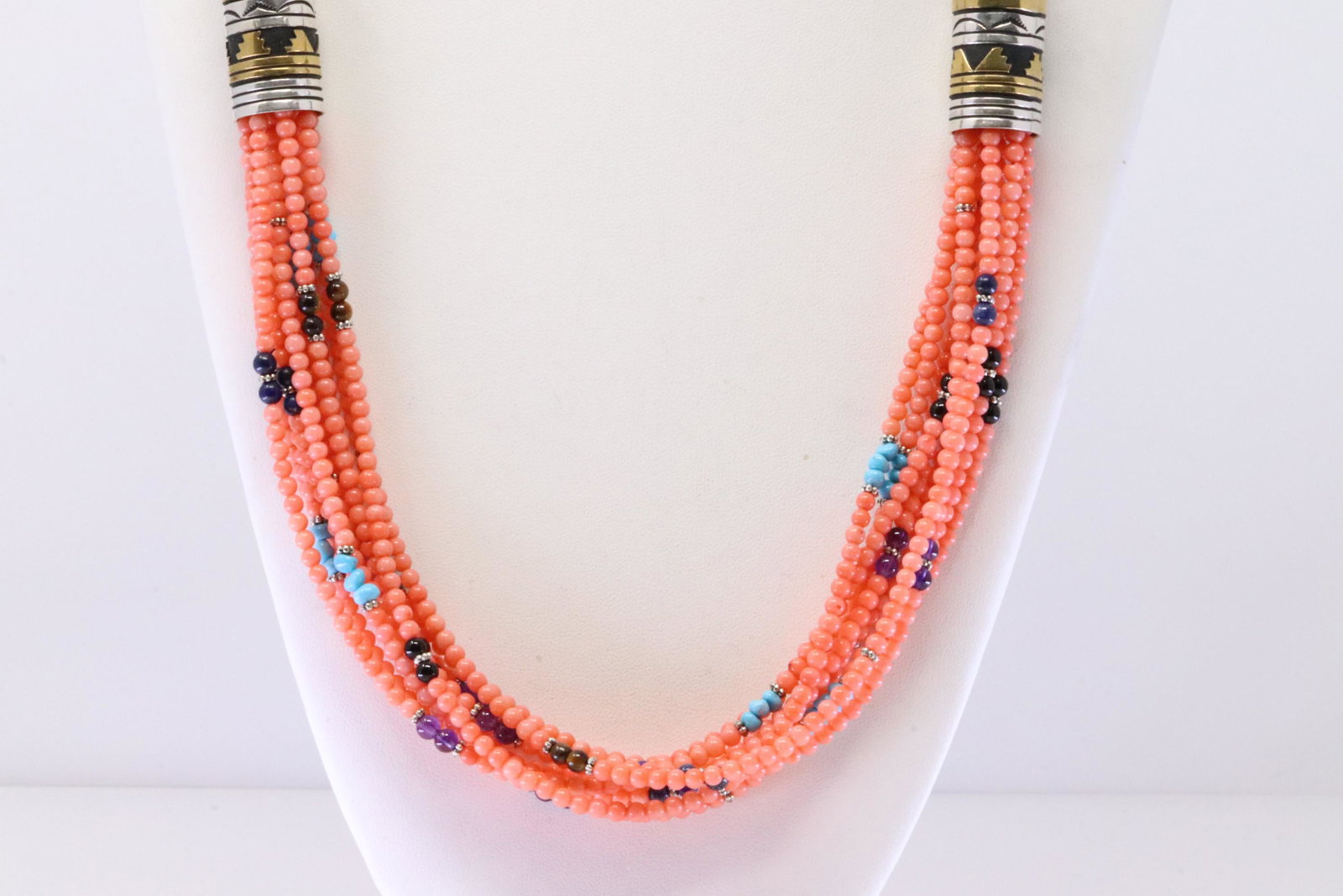 Native America Navajo Handmade Sterling Silver 10 Strand Multi-Color Stone Necklace By T&R Singer. (1 of 4)