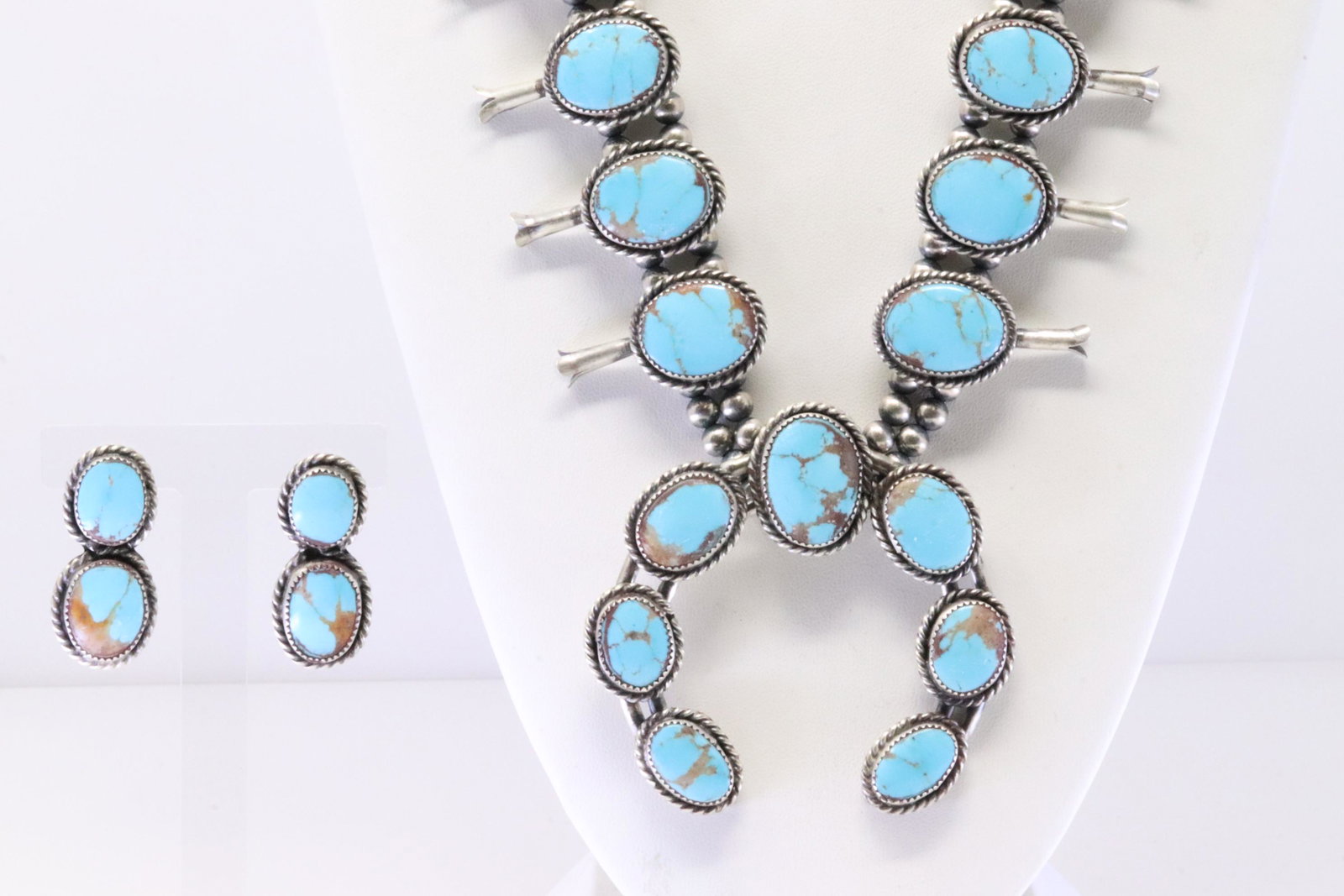 Native America Navajo Handmade Sterling Silver Turquoise Squash Blossom Necklace & Earring's Set. (1 of 8)