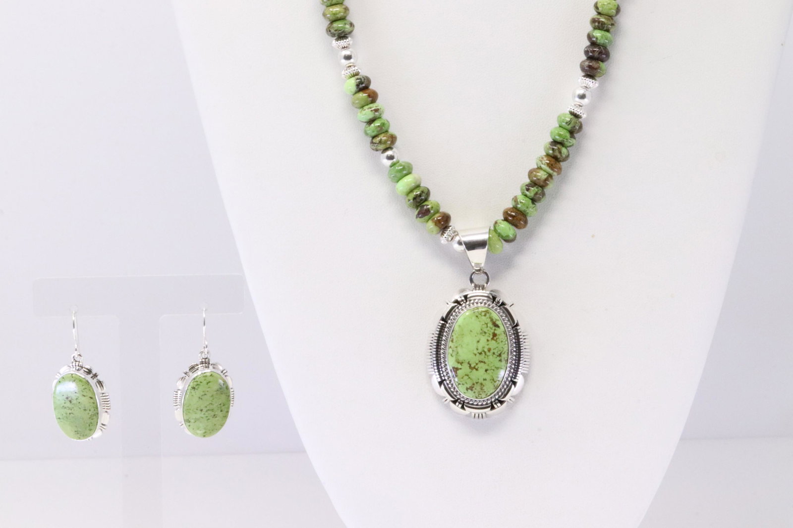 Native America Navajo Handmade Sterling Silver Green Gaspite Turquoise Necklace & Earring's Set By (1 of 6)