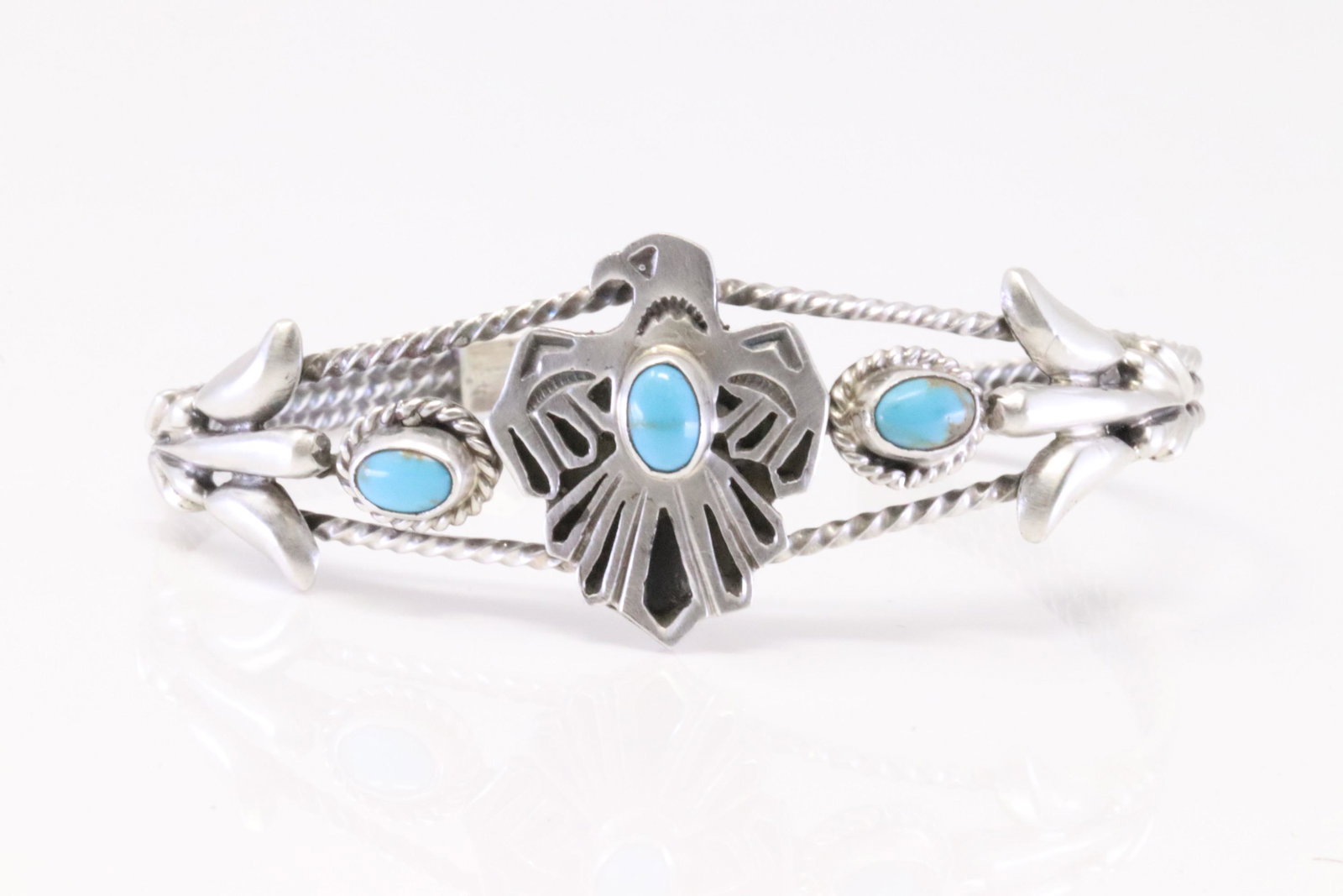 Native American Navajo Handmade Sterling Silver Turquoise Bird Bracelet Cuff By Bobby Platero. (1 of 4)