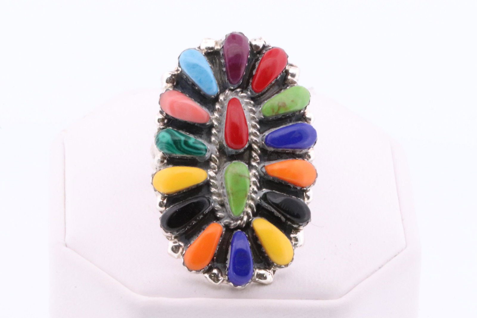 Native American Navajo Handmade Sterling Silver Synthetic Multi-Color Ring By J.W.: This is a Native American Navajo Handmade Sterling Silver Synthetic Multi-Color Ring By J.W. Ring size: 10.00.