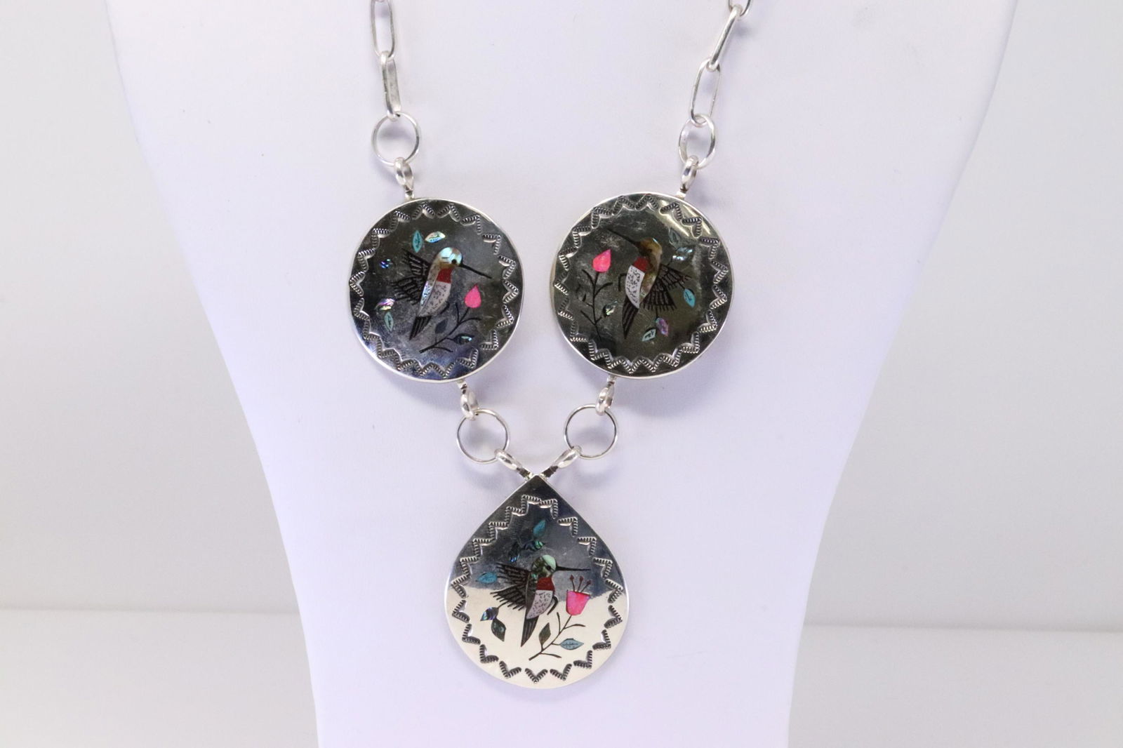 Native American Zuni Handmade Sterling Silver Gemstone Inlay Humminbird Necklace By Raymond Boyd. (1 of 4)