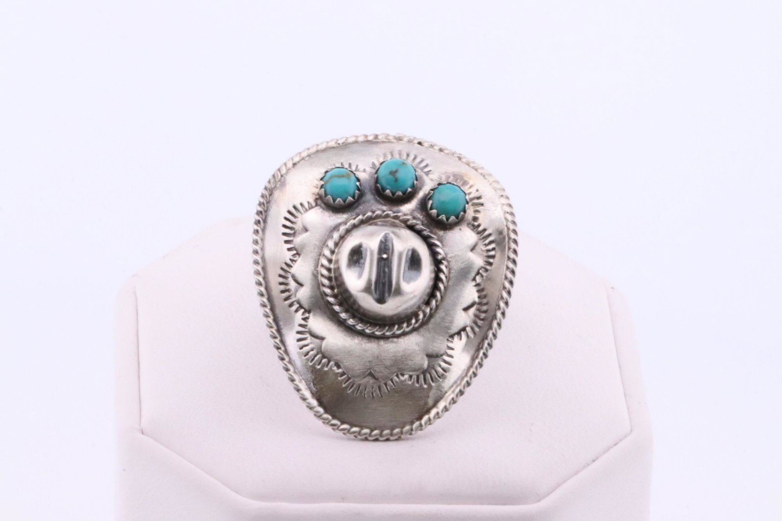 Native America Handmade Navajo Sterling Silver Turquoise Hat Cowboy Ring By Bobby Platero.: This is a Native America Handmade Navajo Sterling Silver Turquoise Hat Cowboy Ring By Bobby Platero. Ring size: 4.25