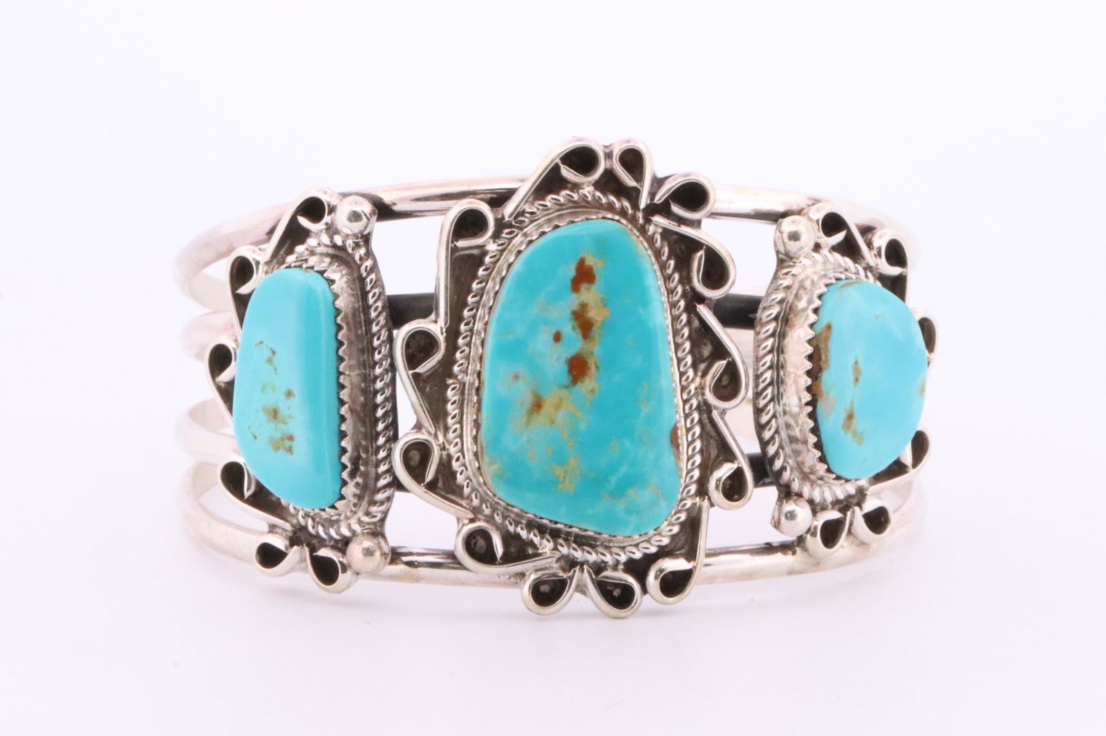 Native America Navajo Handmade Sterling Silver Turquoise Bracelet 3 Stone Cuff By D.N. (1 of 4)
