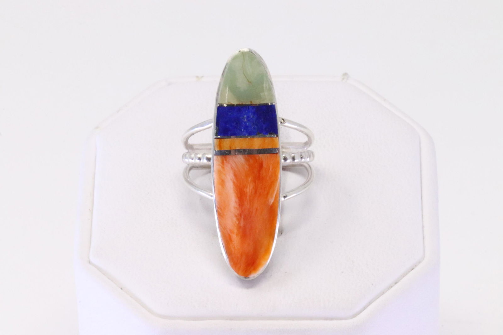 Native America Navajo Handmade Sterling Silver Multi-color Inlay Ring By H.Smith.: This is a Native America Navajo Handmade Sterling Silver Multi-color Inlay Ring By H.Smith. Ring size: 7.50.