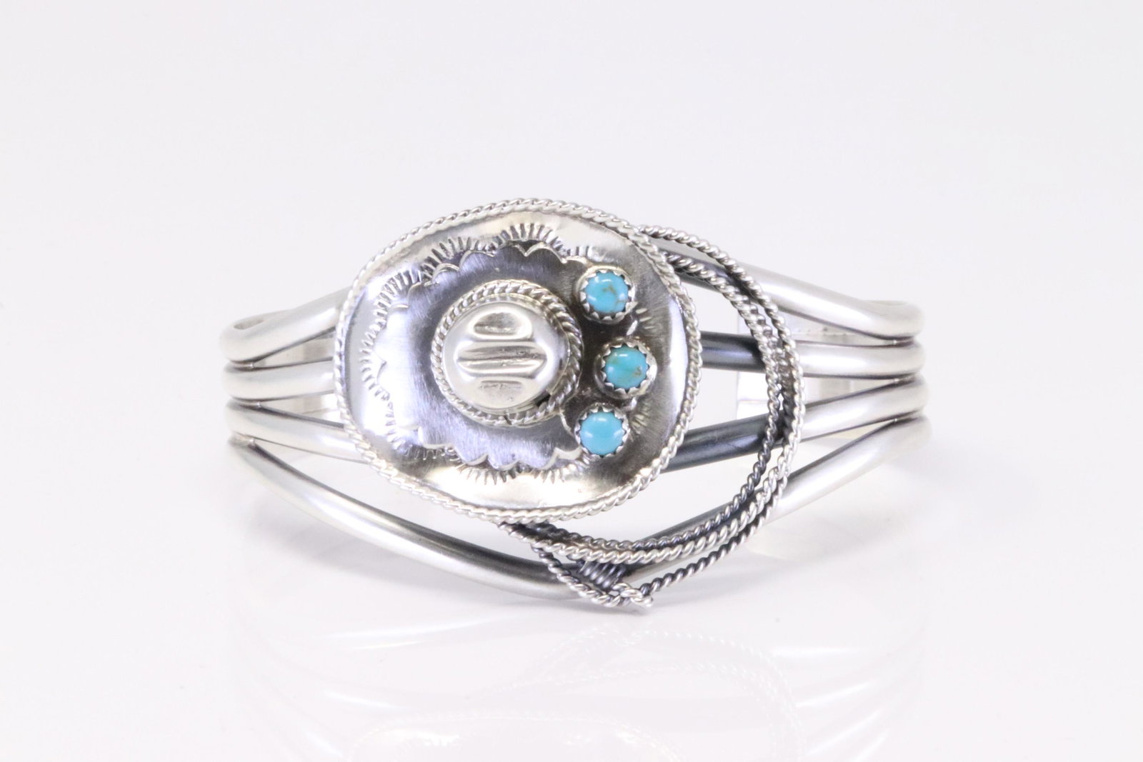 Native America Navajo Handmade Sterling Silver Turquoise Hat Cowboy Bracelet By Bobby Platero.: This is a Native America Navajo Handmade Sterling Silver Turquoise Hat Cowboy Bracelet By Bobby Platero.