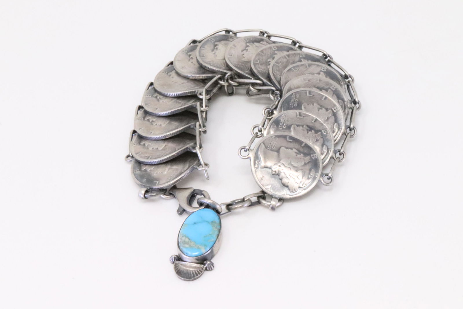 Native America Navajo Handmade Sterling Silver Turquoise Liberty Dime Link Bracelet By James McCabe. (1 of 4)