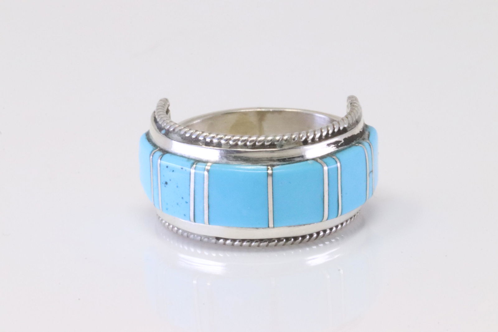 Native America Navajo Handmade Sterling Silver Turquoise Inlay Ring By D Panteal. (1 of 4)