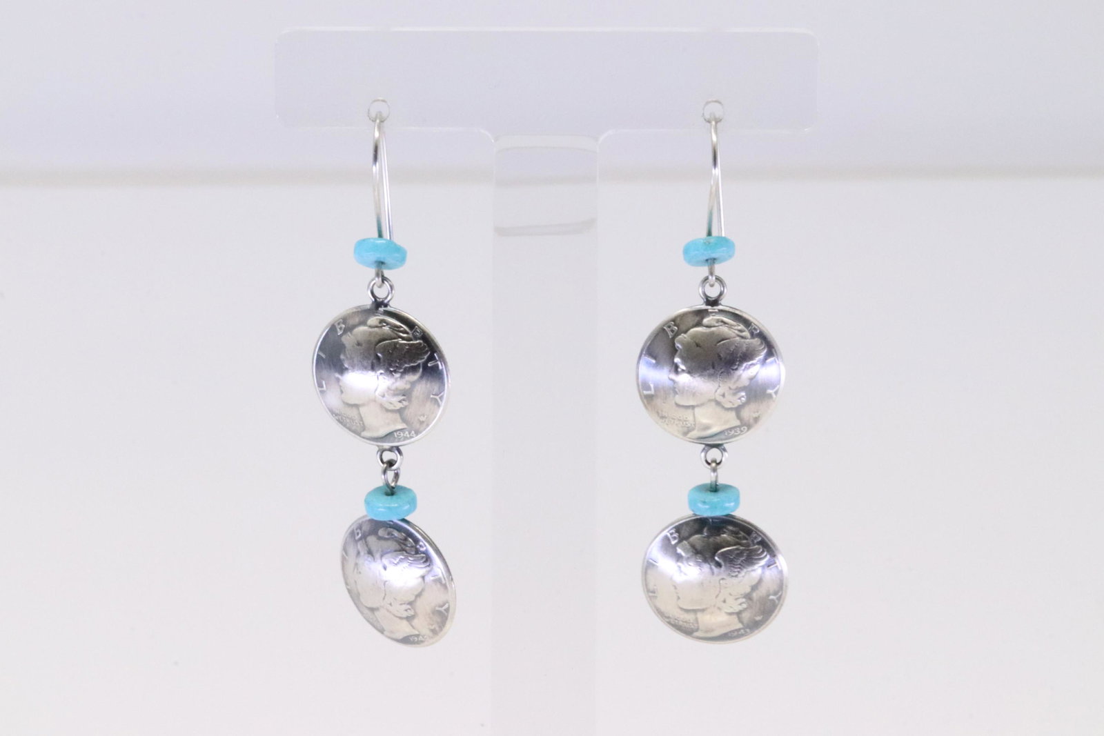 Native America Navajo Handmade Sterling Silver Turquoise Liberty Dime Dangling Earring's By James: This is a Native America Navajo Handmade Sterling Silver Turquoise Liberty Dime Dangling Earring's By James McCabe.