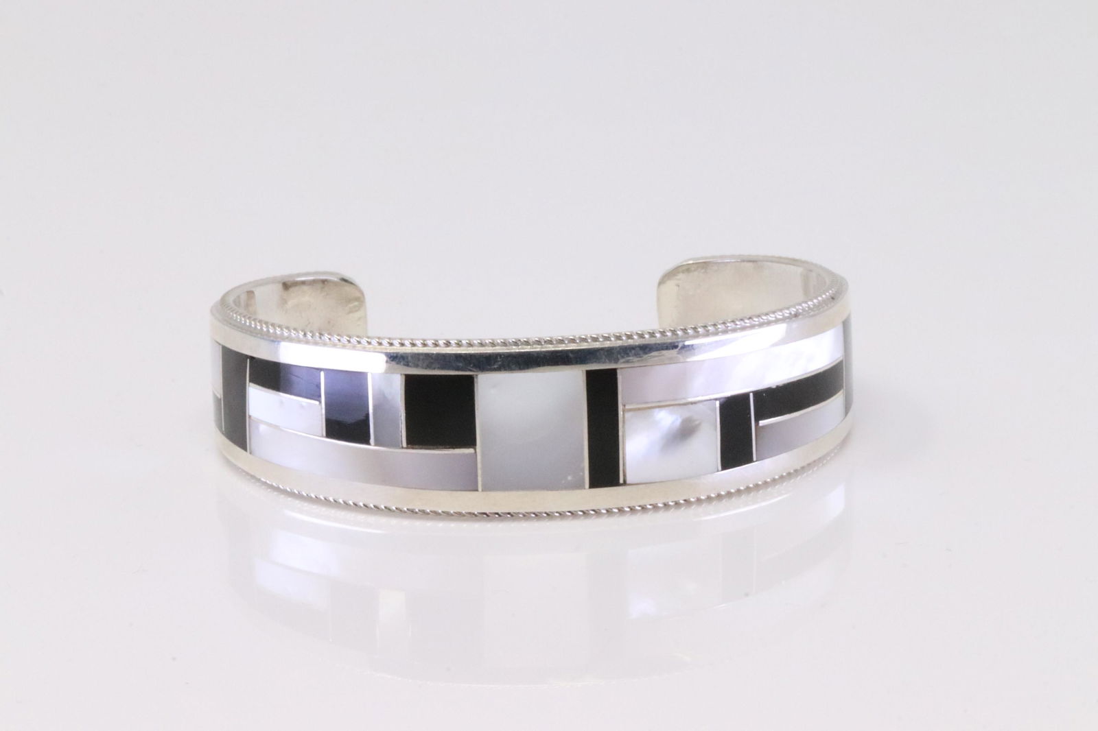 Native America Navajo Handmade Sterling Silver Black Onyx / Opal Inlay Bracelet By R.G.B. (1 of 4)