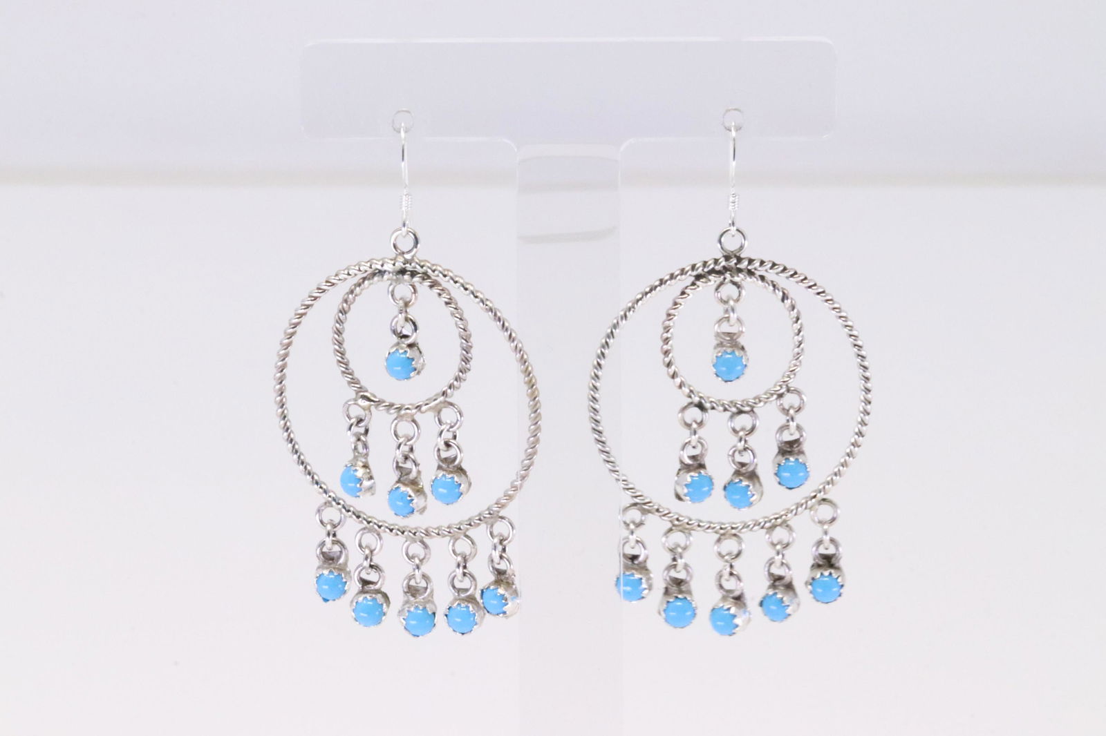 Native American Navajo Handmade Sterling Silver Turquoise Dangling Earring's By Sylvia Chee. (1 of 4)