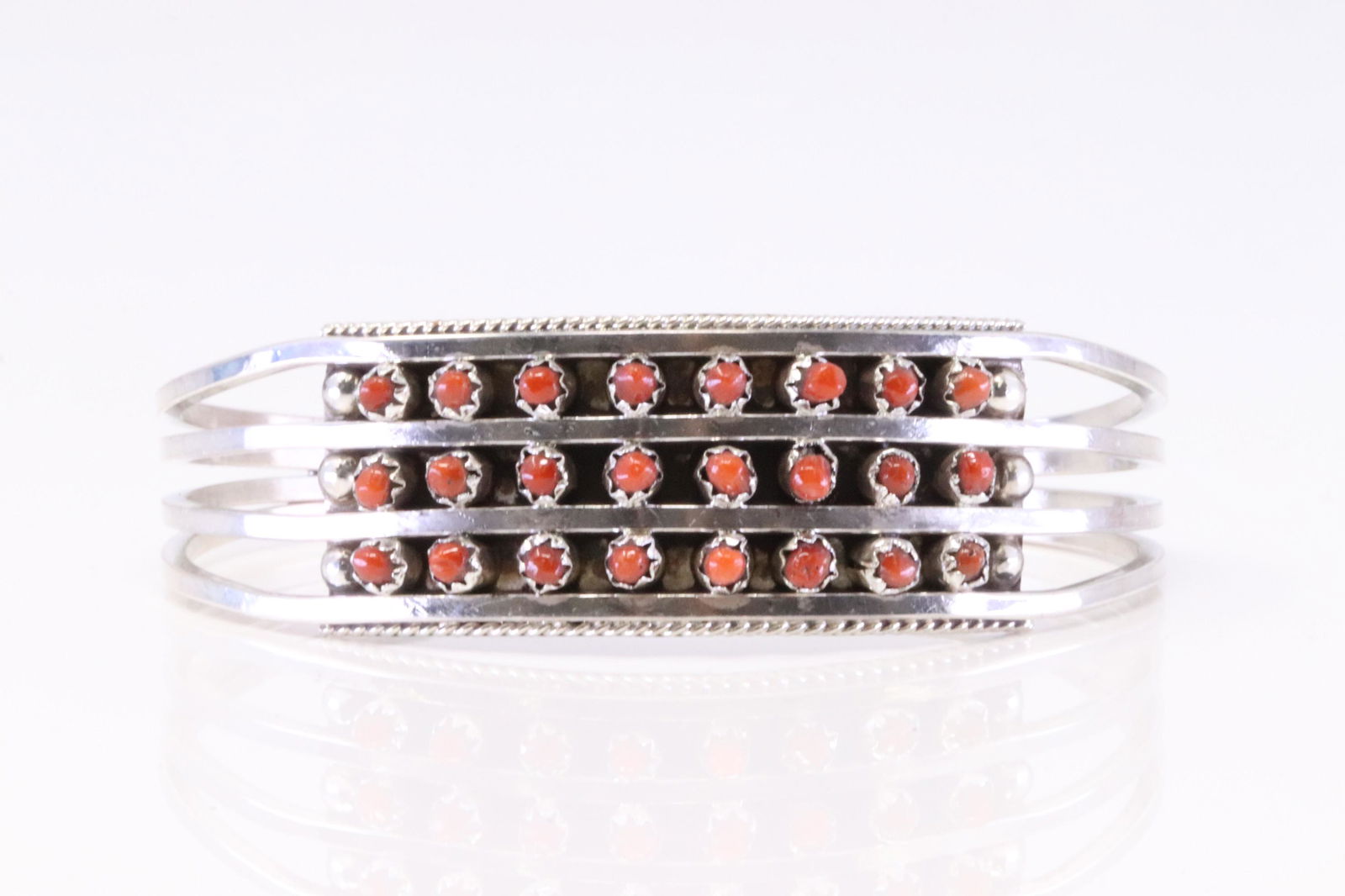 Native America Zuni Handmade Sterling Silver Coral Bracelet Cuff By S.L. (1 of 4)