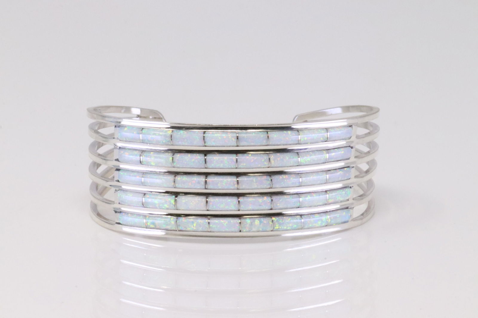 Native America Zuni Handmade Sterling Silver Opal Inlay Bracelet By A.L.W. (1 of 4)