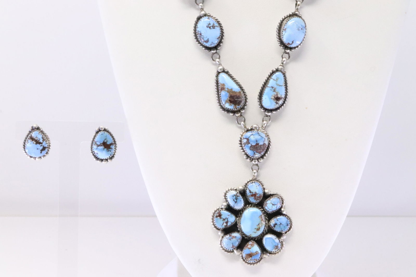 Native America Navajo Handmade Sterling Silver Golden Hill Turquoise Necklace & Earring's Set By (1 of 7)