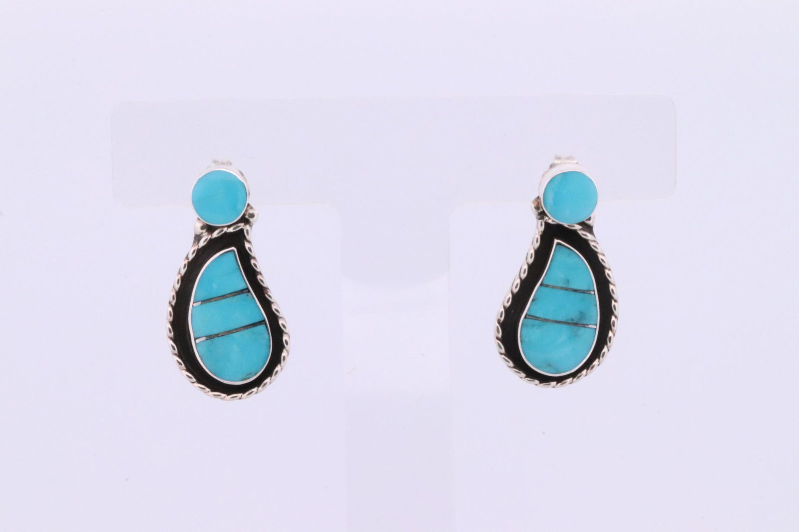 Native America Zuni Handmade Sterling Silver Turquoise Inlay Post Earring's By F.L. (1 of 4)