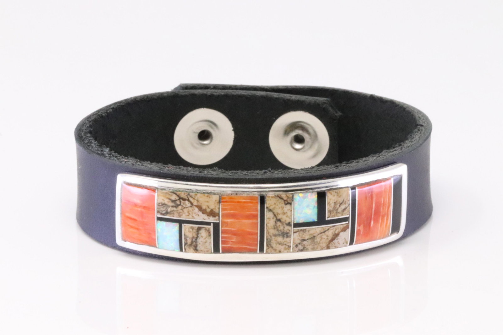 Native American Navajo Handmade Sterling Silver Multi-Color Stone Inlay Leather Bracelet By Edison (1 of 4)