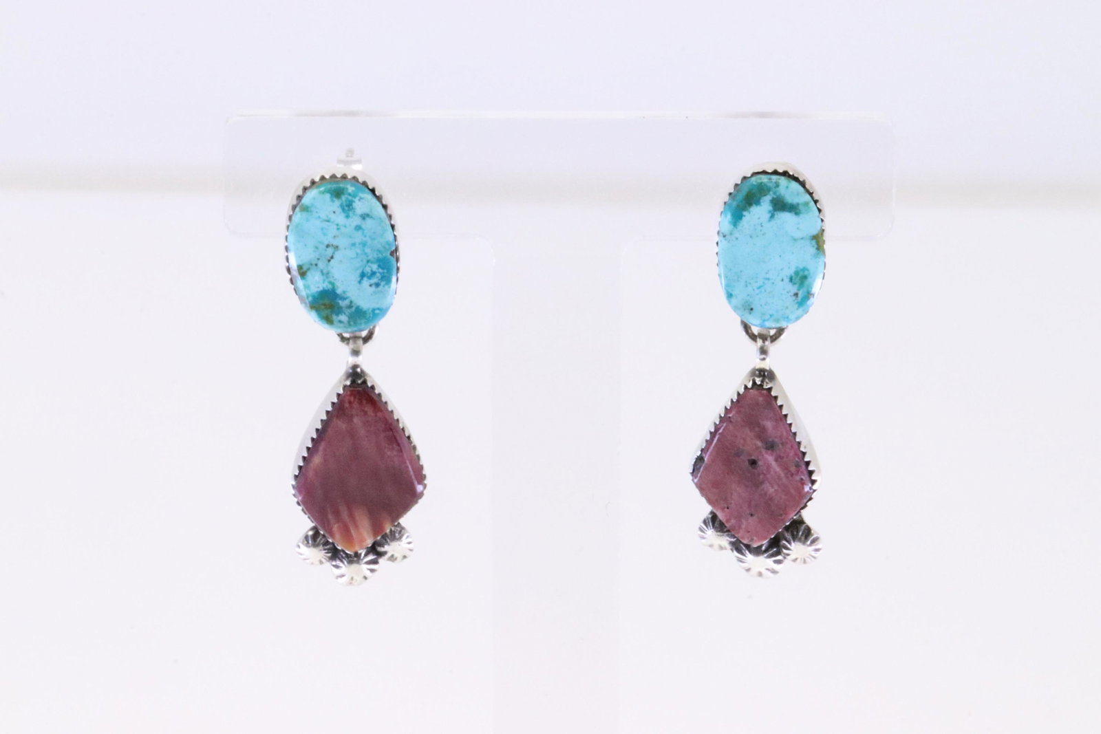 Native America Navajo Handmade Sterling Silver Purple Spiny Oyster / Turquoise Post / Dangling: This is a Native America Navajo Handmade Sterling Silver Purple Spiny Oyster / Turquoise Post / Dangling Earring's By Selina Warner.