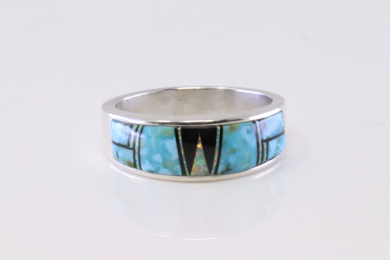 Native America Navajo Handmade Sterling Silver Multi-Color Inlay Ring By A.T. (1 of 4)