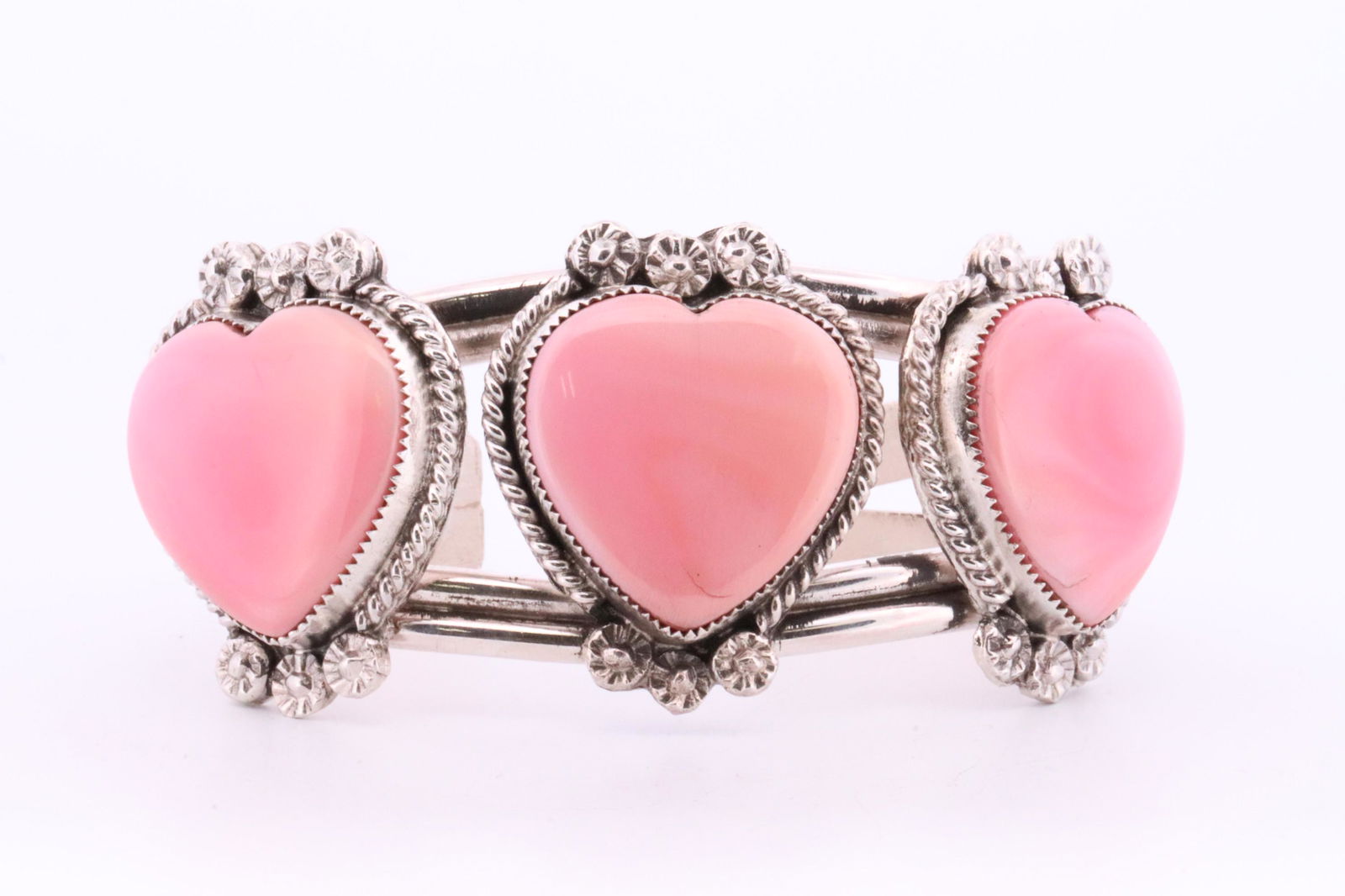 Native America Navajo Handmade Sterling Silver Pink Shell Concho Heart Bracelet Cuff By V.V. (1 of 4)