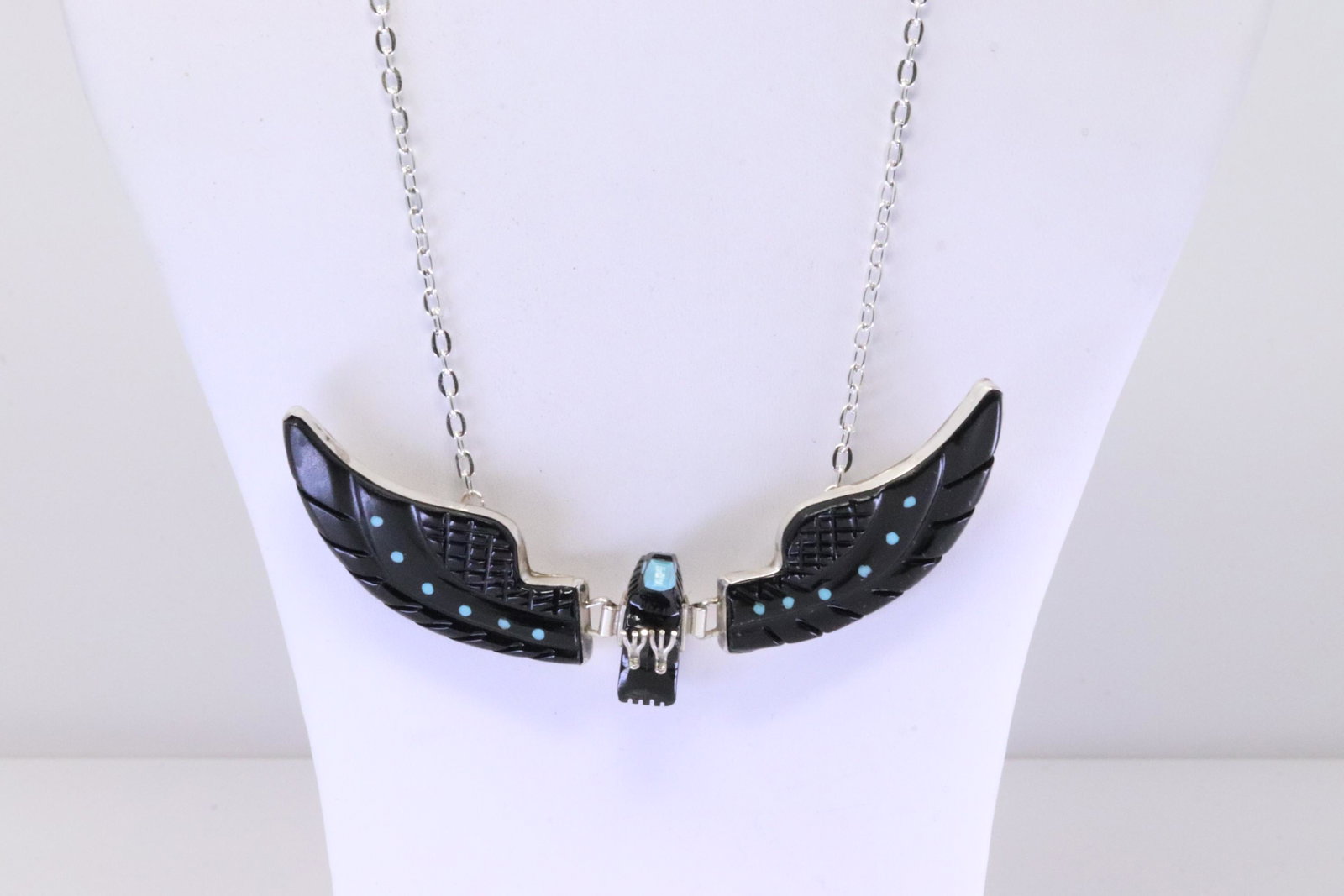Native America Navajo Handmade Sterling Silver Black Onyx / Turquoise Eagle Necklace By Ben: This is a Native America Navajo Handmade Sterling Silver Black Onyx / Turquoise Eagle Necklace By Ben Livingston. Necklace ''IS NOT SILVER''length: 18.00"