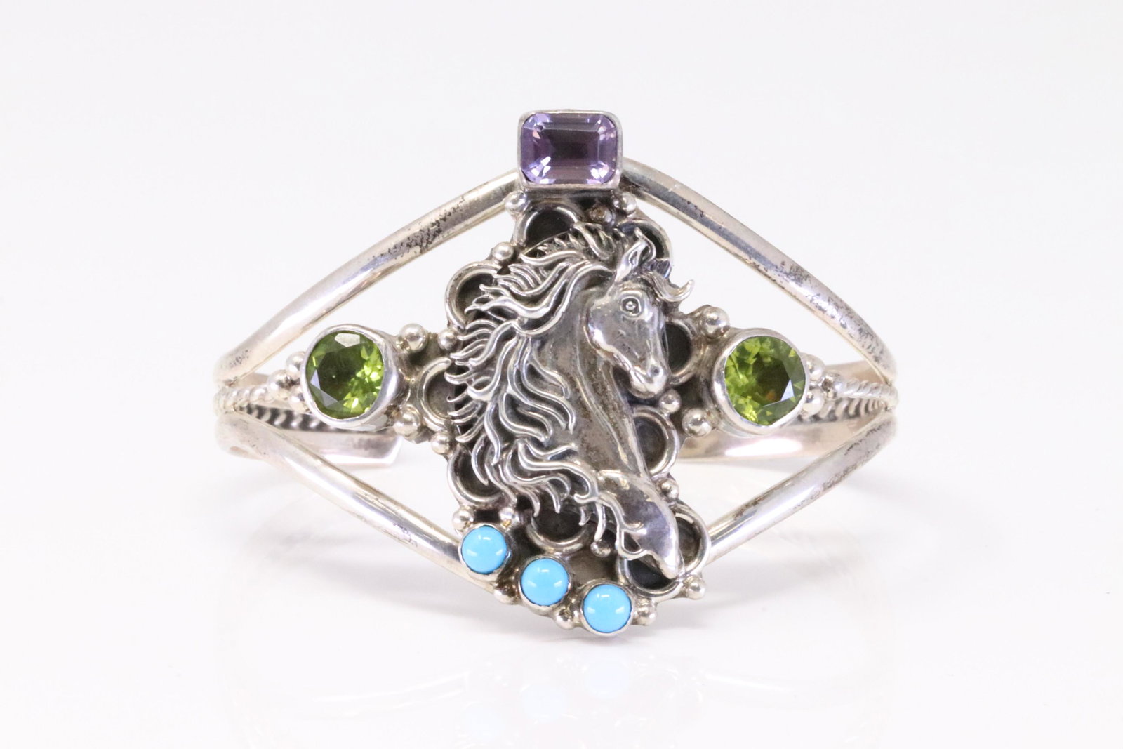 Native American Navajo Handmade Sterling Silver Peridot / Amethyst & Turquoise Horse Bracelet By (1 of 4)