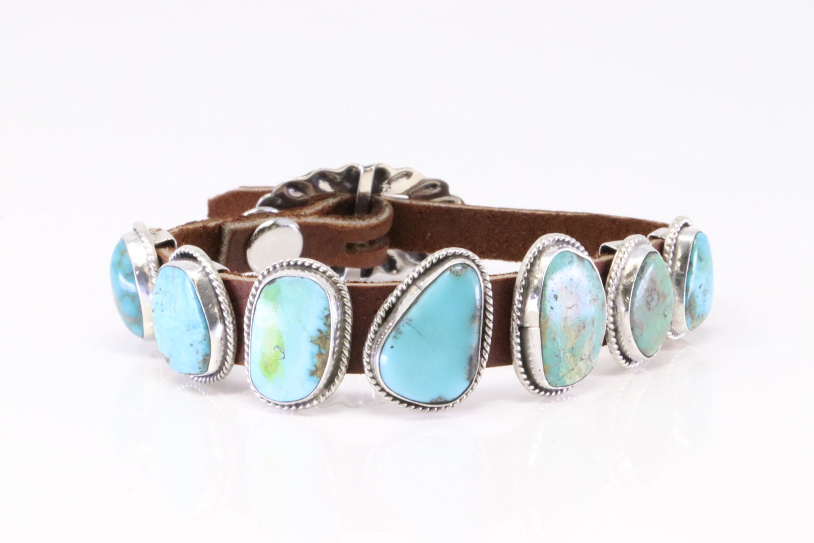 Native America Navajo Handmade Sterling Silver Turquoise Leather Bracelet By M. (1 of 4)