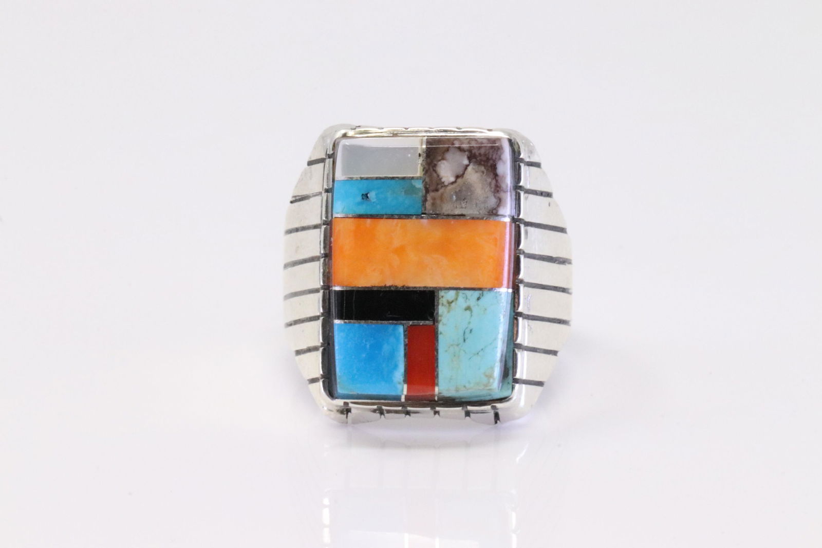 Native America Navajo Handmade Sterling Silver Multi-Color Stone Inlay Ring By R. (1 of 4)
