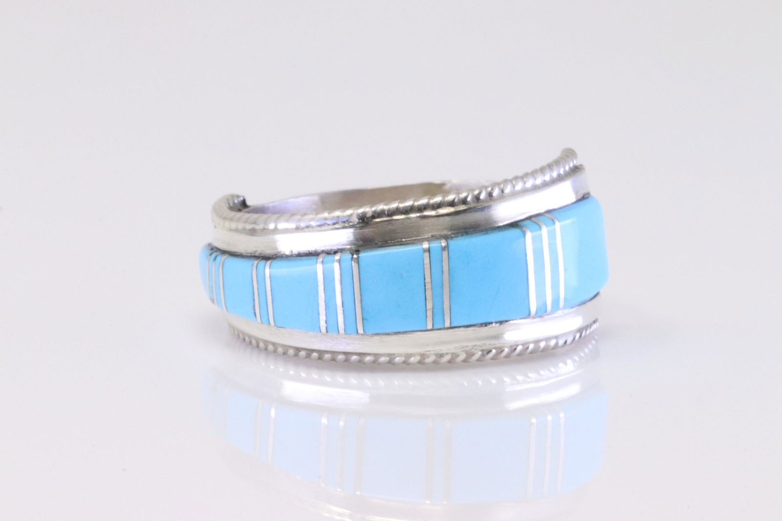 Native America Zuni Handmade Sterling Silver Turquoise Inlay Ring By Deirdre Luna Panteah. (1 of 4)