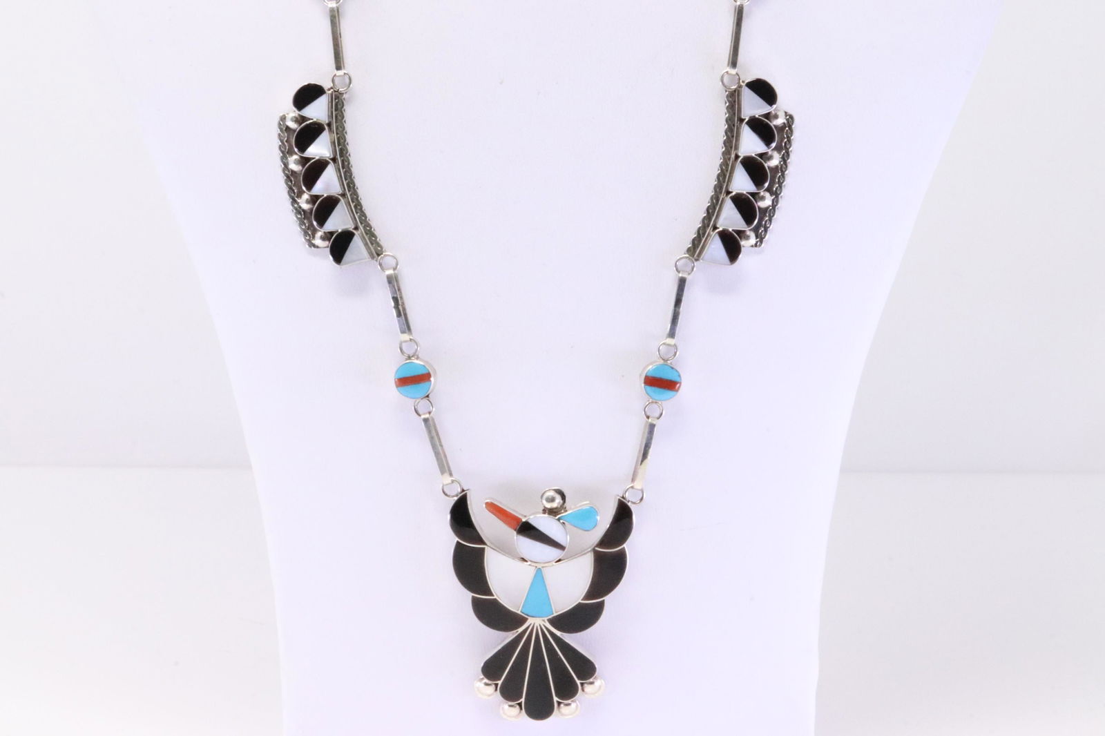 Native America Zuni Handmade Sterling Silver Multi-Color Inlay Bird Necklace & Earring's Set By L.A. (1 of 7)