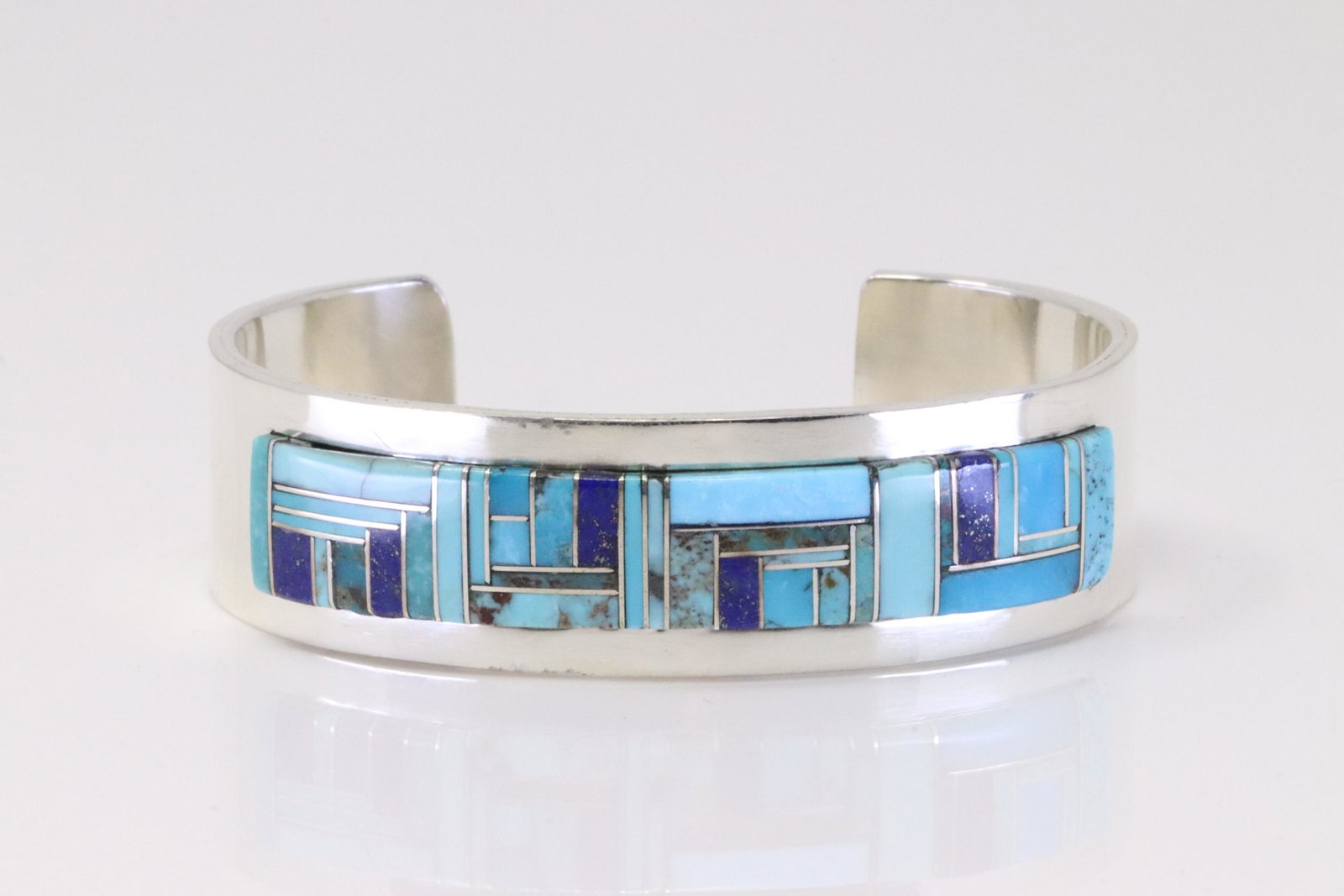 Native America Navajo Handmade Sterling Silver Lapis & Turquoise Inaly Bracelet By Patricia Ed: This is a Native America Navajo Handmade Sterling Silver Lapis & Turquoise Inaly Bracelet By Patricia Ed Becenti.