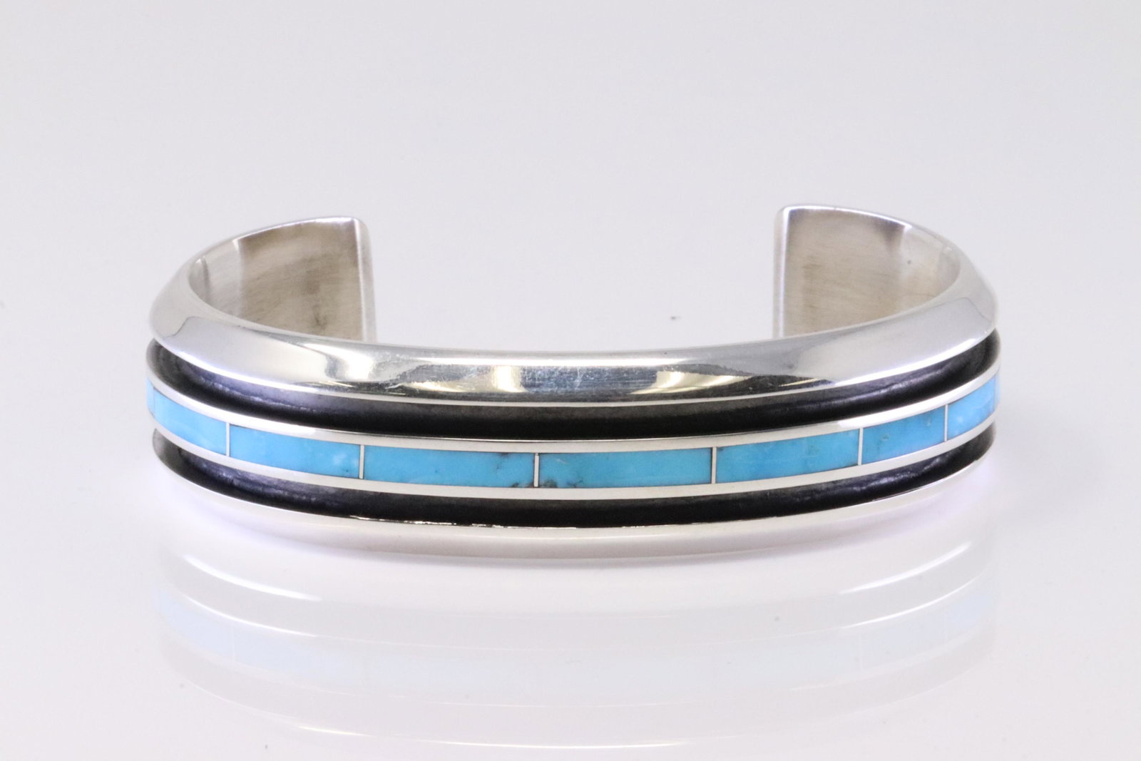 Native America Navajo Handmade Sterling Silver Turquoise Inlay Bracelet Cuff By Larry Loretto.: This is a Native America Navajo Handmade Sterling Silver Turquoise Inlay Bracelet Cuff By Larry Loretto.