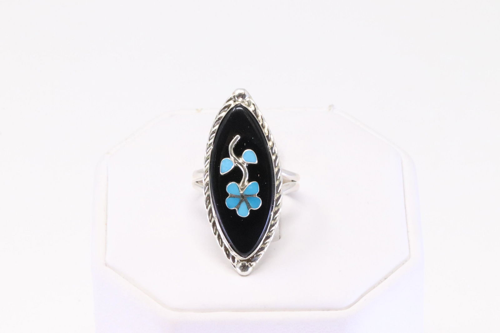 Native America Navajo Sterling Silver Black Onyx & Turquoise Flower Ring By D.L. (1 of 4)