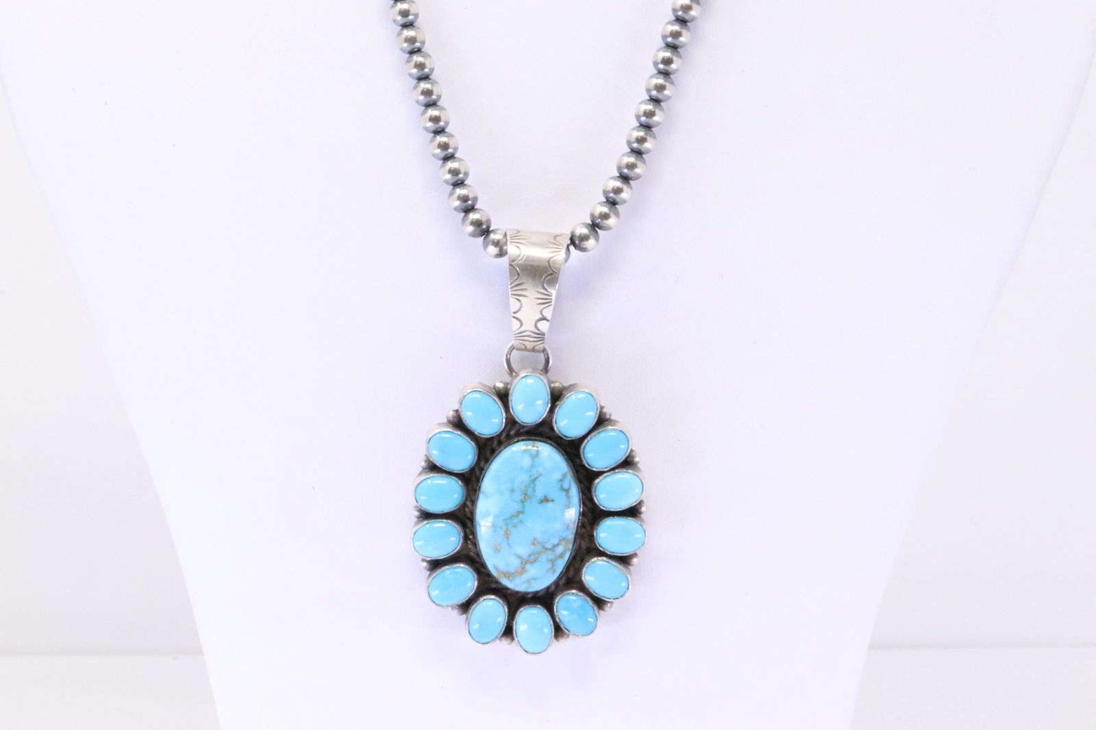 Native America Navajo Sterling Silver Turquoise Pendant By P.Johnson. With Pearl Beaded Sterling (1 of 4)