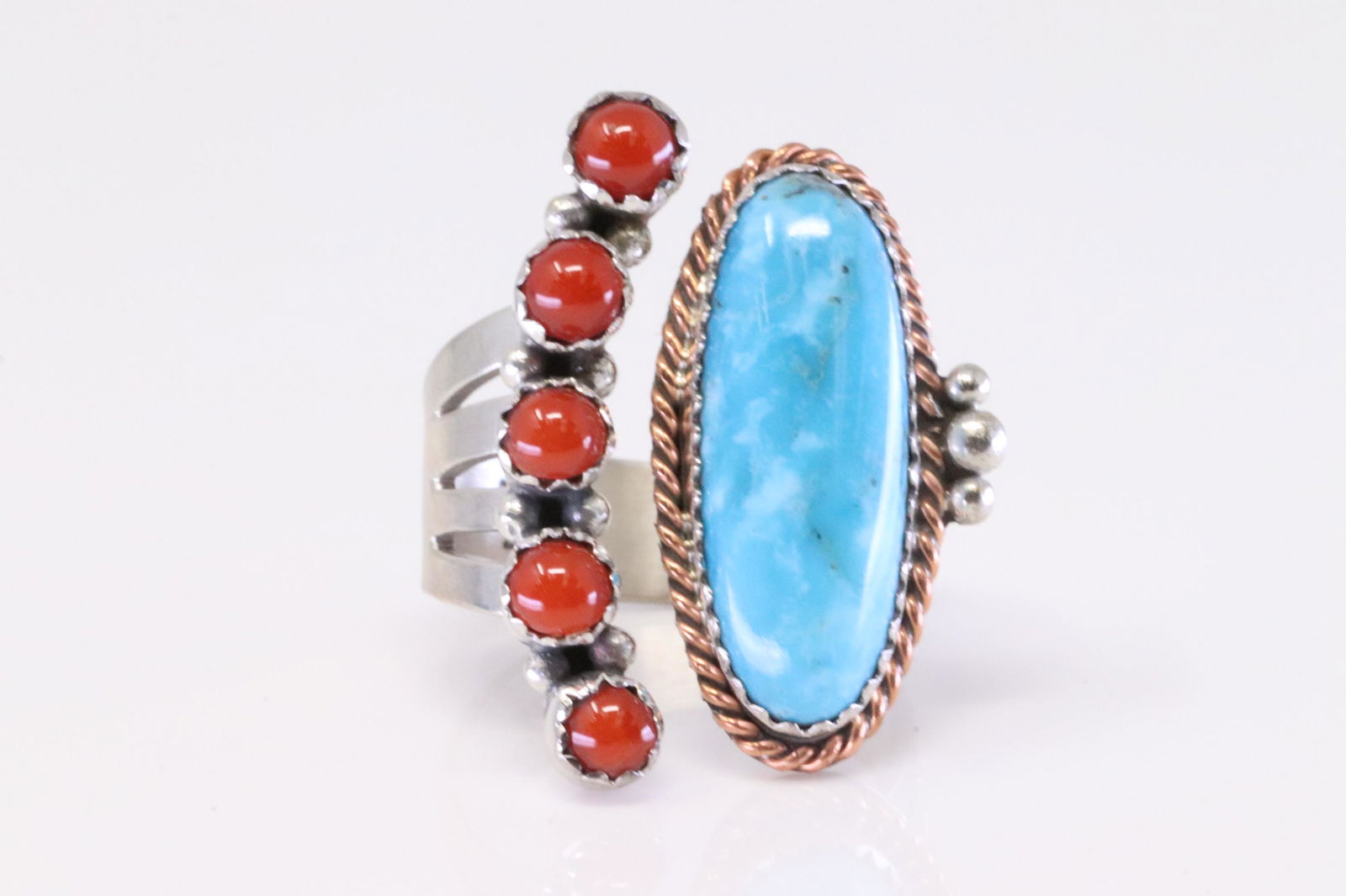 Native American Navajo Sterling Silver Coral & Turquoise Ring By R.B. (1 of 4)