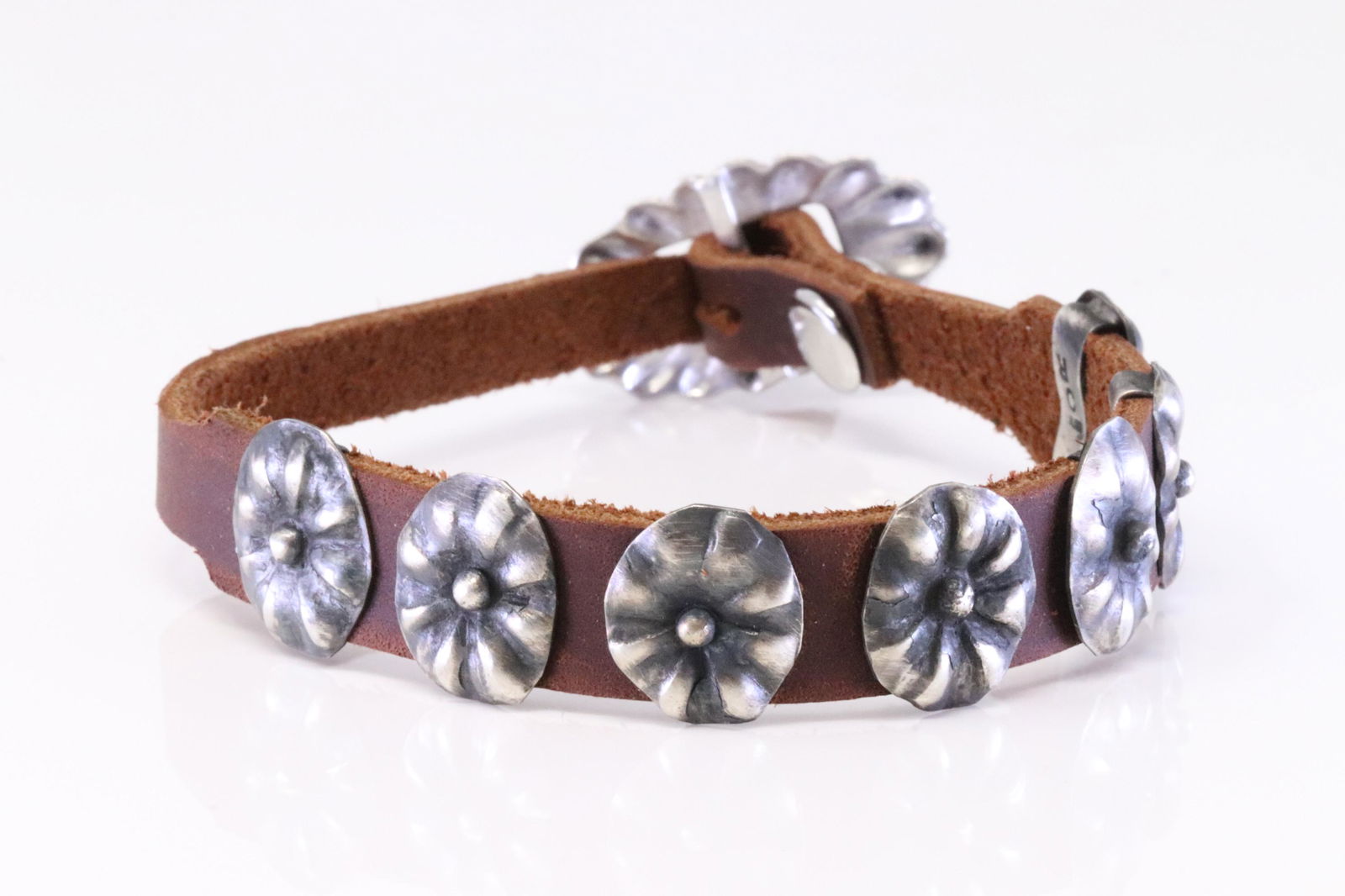 Navajo Sterling Silver Leather Bracelet Cuff By C.R. (1 of 4)