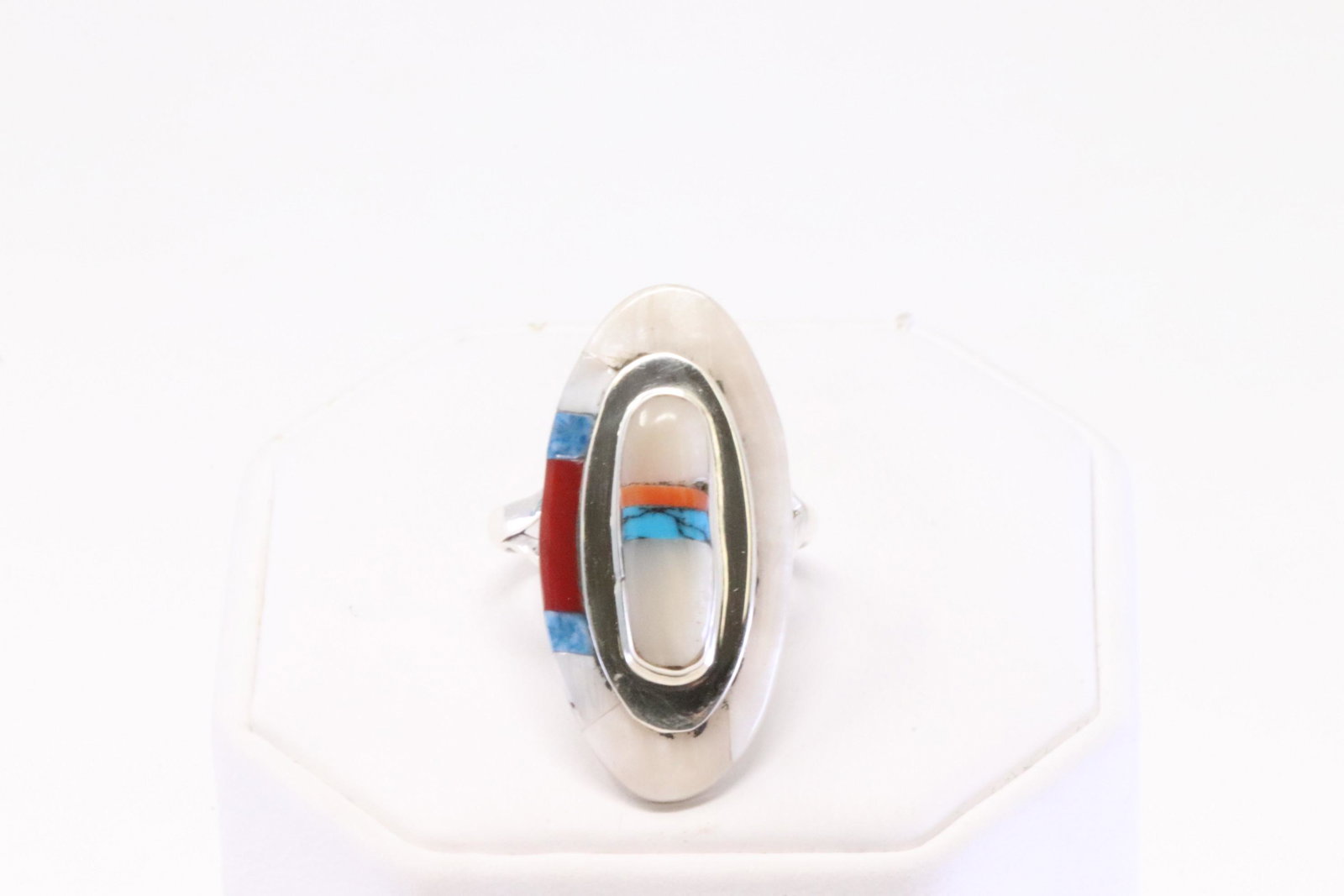 Native America Navajo Sterling Silver Multi-Color Inlay Ring By T.J.O.: This is a ative America Navajo Sterling Silver Multi-Color Inlay Ring By T.J.O. Ring size: 7.50.