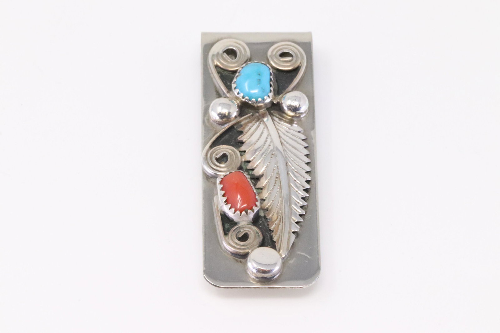 Native America Navajo Sterling Silver Coral & Turquoise Money Clip By Wilbur Myers.: This is a Native America Navajo Sterling Silver Coral & Turquoise Money Clip By Wilbur Myers.