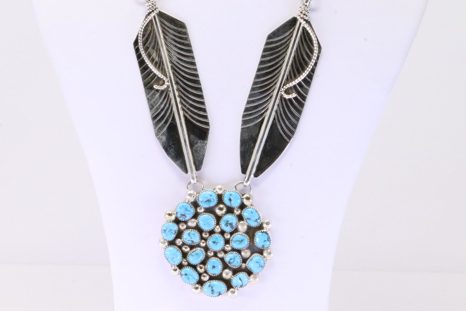 Native America Navajo Sterling Silver Turquoise Necklace Feather By M.B.: This is a ative America Navajo Sterling Silver Turquoise Necklace Feather Cuff By M.B. Necklace length: 20.00"