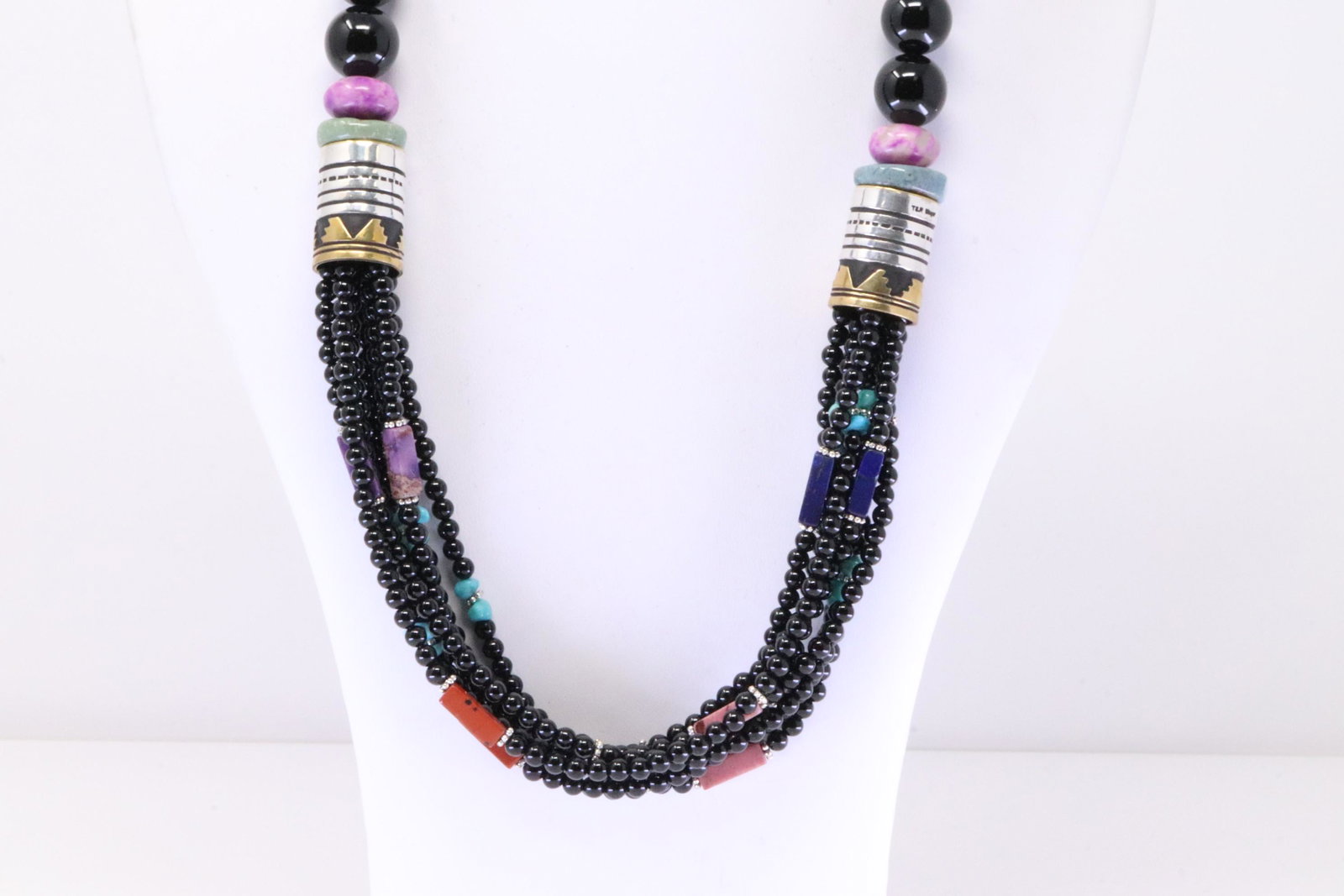 Native America Navajo Handmade Sterling Silver 8 Strand Black Onyx & Multi-Color Stone Necklace By (1 of 4)